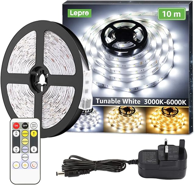 Lepro 10M LED Strip Light with Remote and Plug, Warm White to Cool Daylight, Whiteness and Brightness Adjustable, Non-Waterproof, Stick-on LED Tape for Mirror, Bed, Stair, Cabinet and More