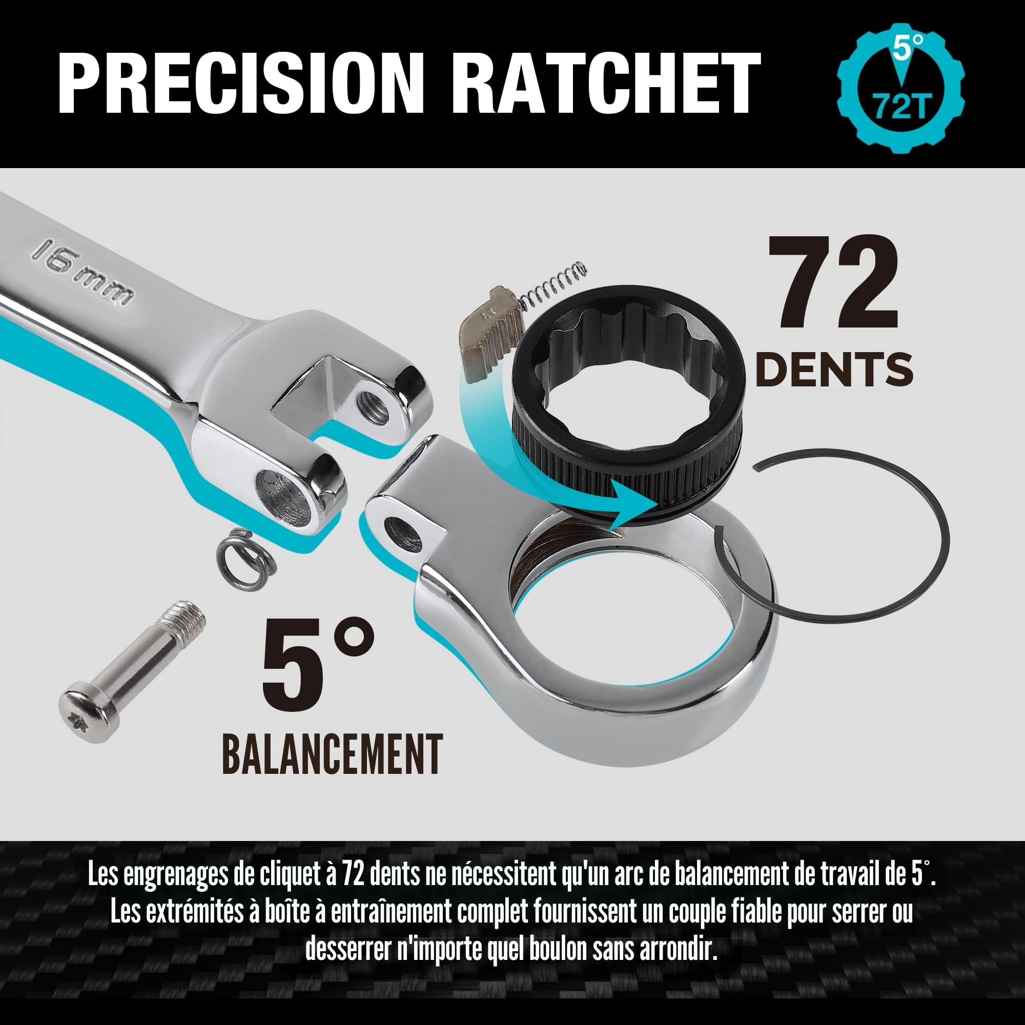 DURATECH Jeu de Clés à Cliquet Articulées 8-19 mm, Mixtes à Cliquet Tete Flexible 12 pièces, Lot de Clé Plate à Cliquet, en Acier au Chrome Vanadium avec Pochette Enroulable
