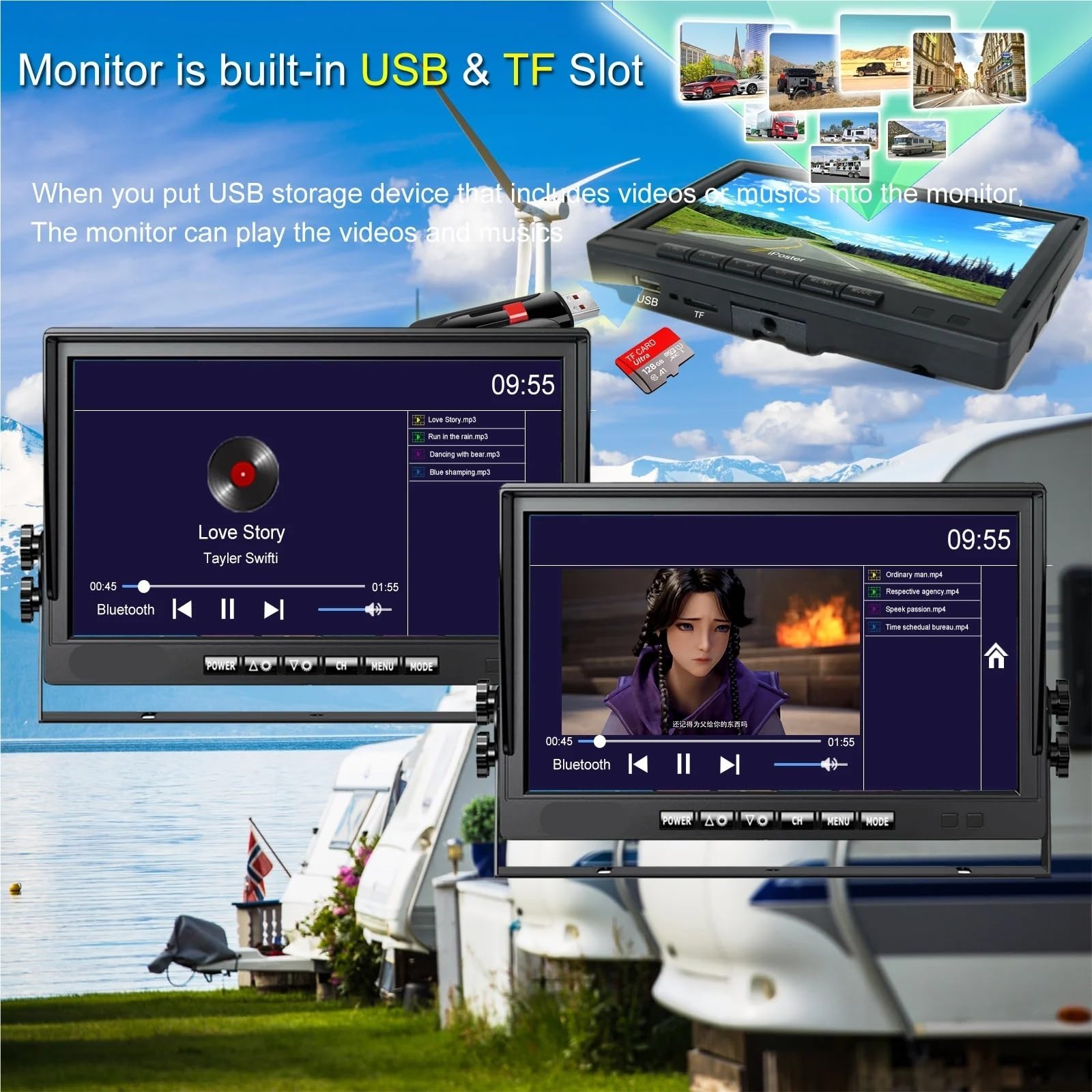 Monitor cuádruple de 7 Pulgadas, Color Blanco, con Doble Cabezal articulado, cámara visión Trasera 1080P, grabadora Video for camión, Furgoneta o Autocaravana(2X 20m Kits,None)
