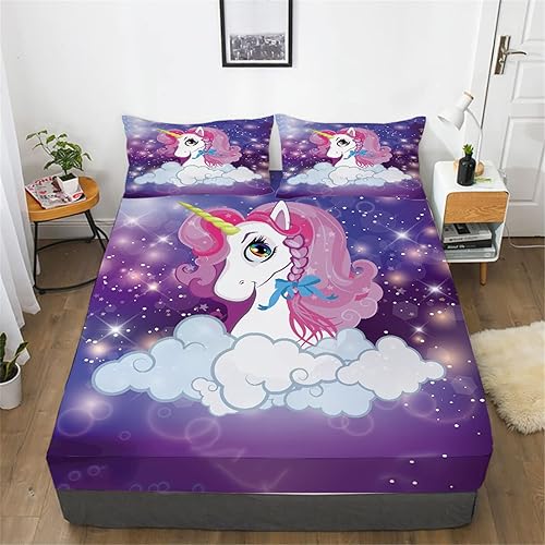 URLINENS Sábana de unicornio morado, tamaño individual, diseño de unicornio mágico con estrellas con purpurina para niños, niñas y adolescentes,