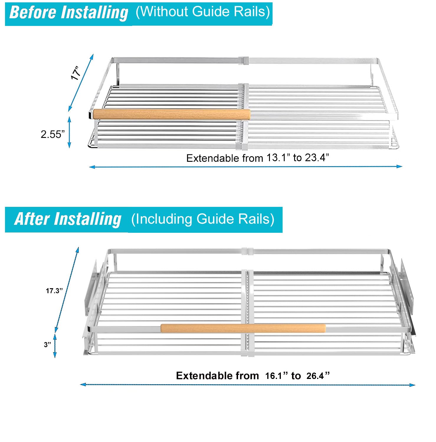 iPEGTOP Paquete de 2 estantes extraíbles para cajones de gabinete, estantes deslizantes extensibles para despensa, almacenamiento resistente para armarios de cocina debajo del fregadero, ancho