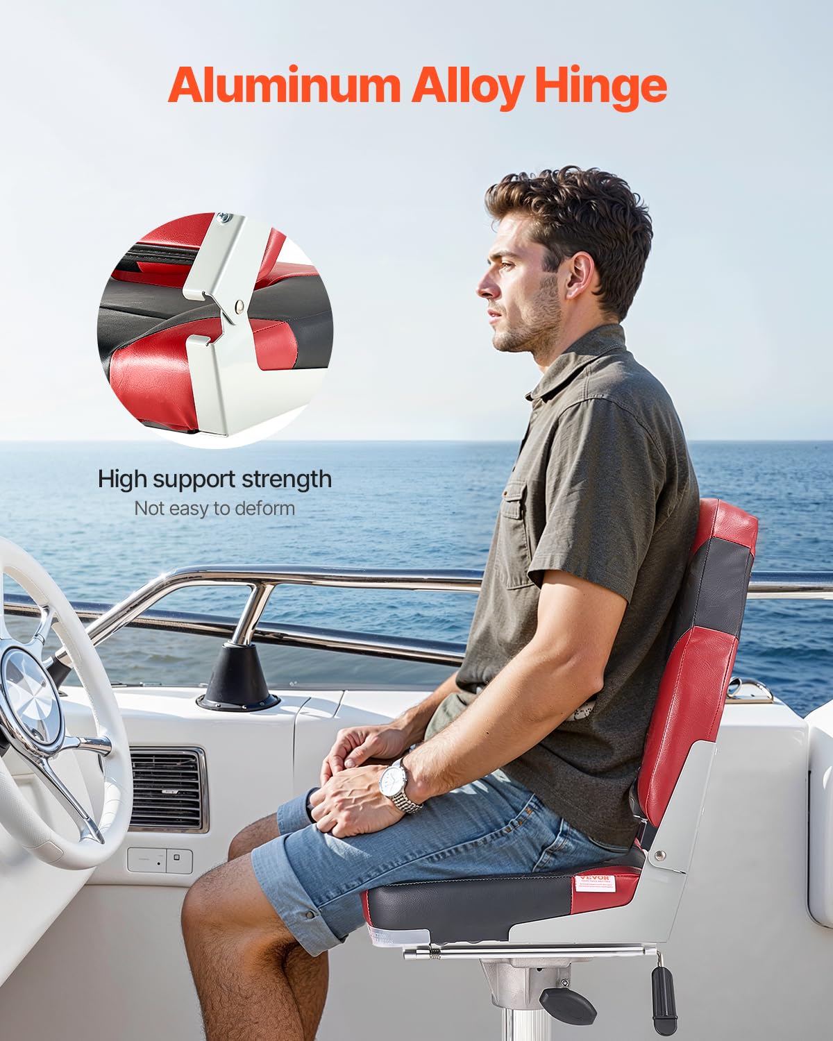 VEVOR Sedile per Barca Yacht Schienale Alto, Sedile Pieghevole per Barca Cuscino in Spugna Ispessita Pelle in PVC Impermeabile, Cerniere in Lega di Alluminio, Sedile per Navi, Nero Rosso 2 Pz