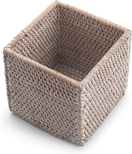 Miniatura 3 de Cubierta cuadrada para caja de pañuelos de ratán, soporte para pañuelos de mimbre tejido a mano, 5.5 x 5.5 x 5.7 pulgadas, blanqueado