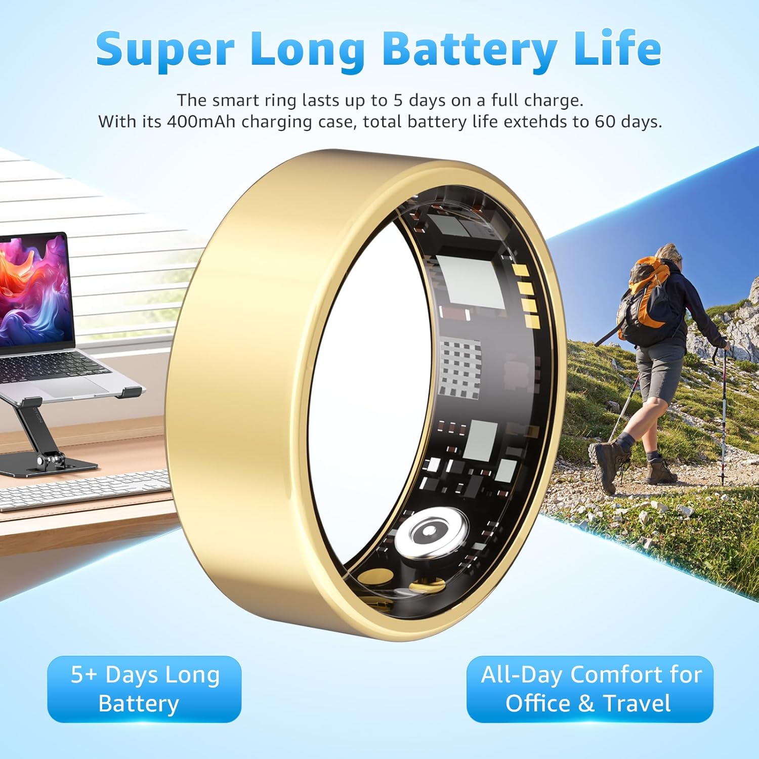 Smart Ring Health Tracker for Women & Men, Fitness Ring with Heart Rate Blood Oxygen, Sleep Monitor, Step Tracker, IP68 Waterproof Compatible with iOS & Android, No Subscription Fee (Gold, 8)