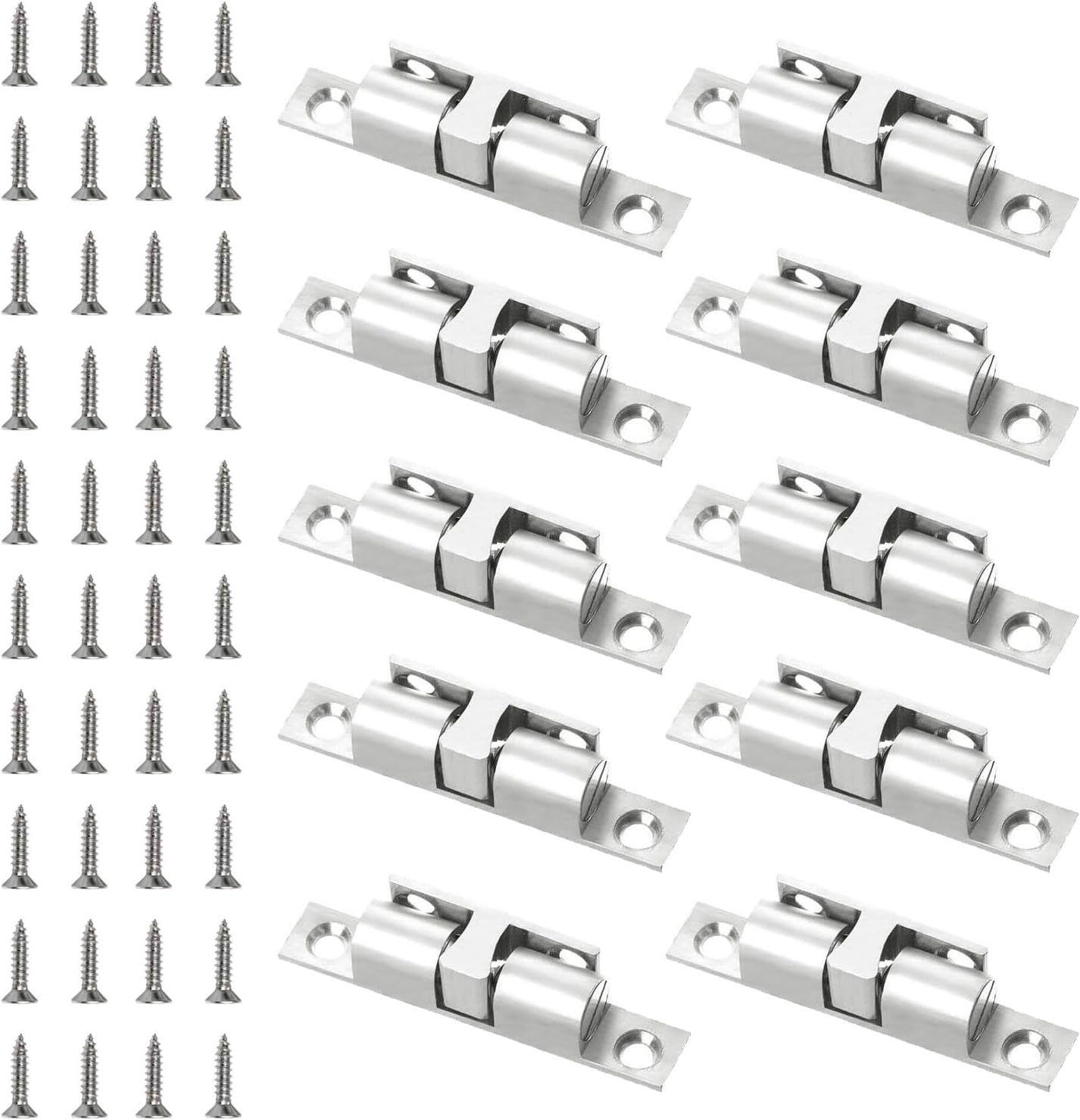 10 Pack Double Roller Catch, Adjustable Door Latches for Internal Doors & Cupboards, Zinc Alloy Twin Roller Door Catch for Wardrobe, Kitchen & Furniture (Nickel, Screws Included)
