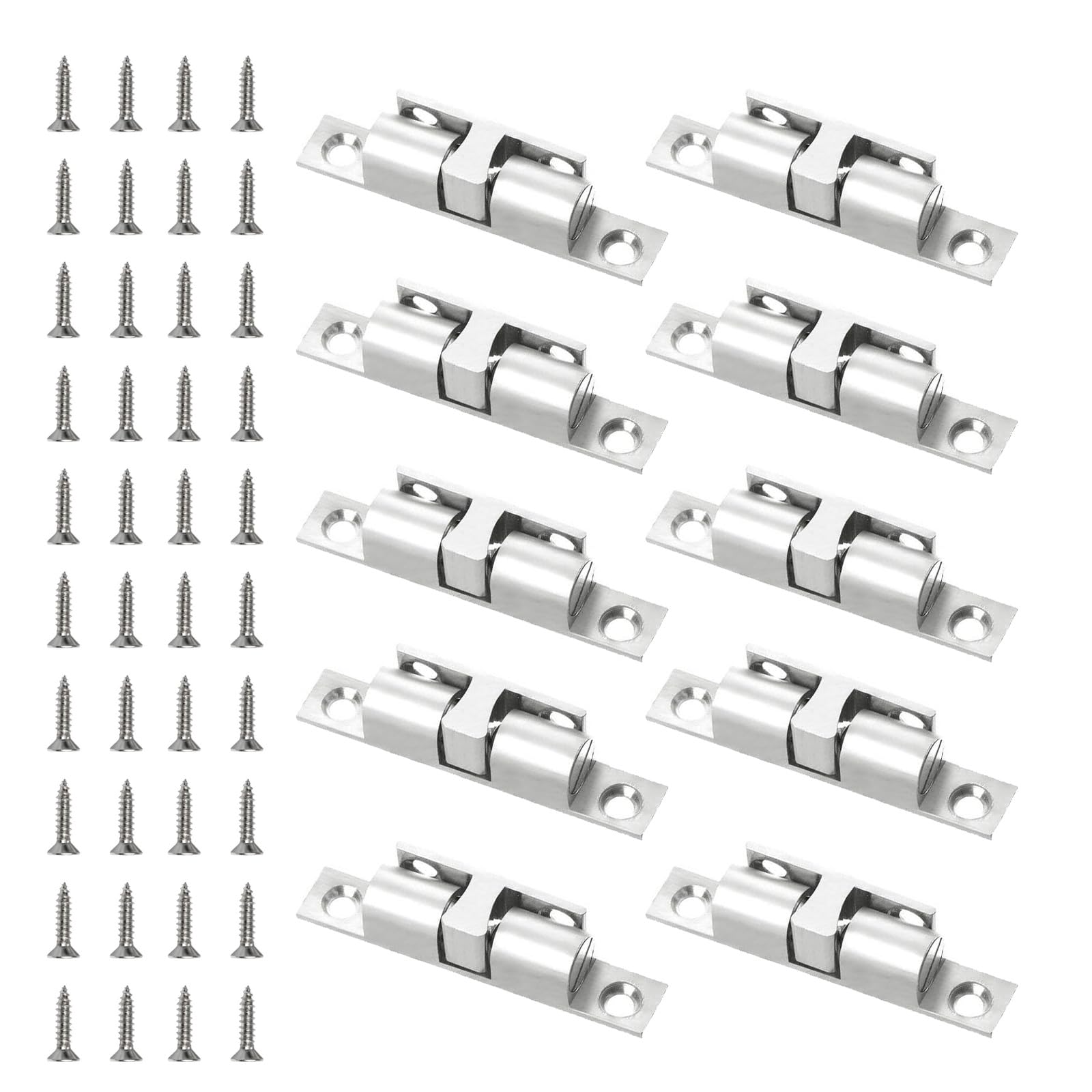10 Pack Double Roller Catch, Adjustable Door Latches for Internal Doors & Cupboards, Zinc Alloy Twin Roller Door Catch for Wardrobe, Kitchen & Furniture (Nickel, Screws Included)