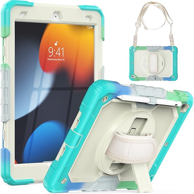 SEYMCY Case for iPad 9th/8th/7th Generation 10.2 inch 2021/2020/2019 with [Pencil Holder][Screen Protector][360 Rotating Hand Strap Stand] Full Body Sturdy iPad 9/8/7 Case for Kids,Beige/Camo Sky Blue
