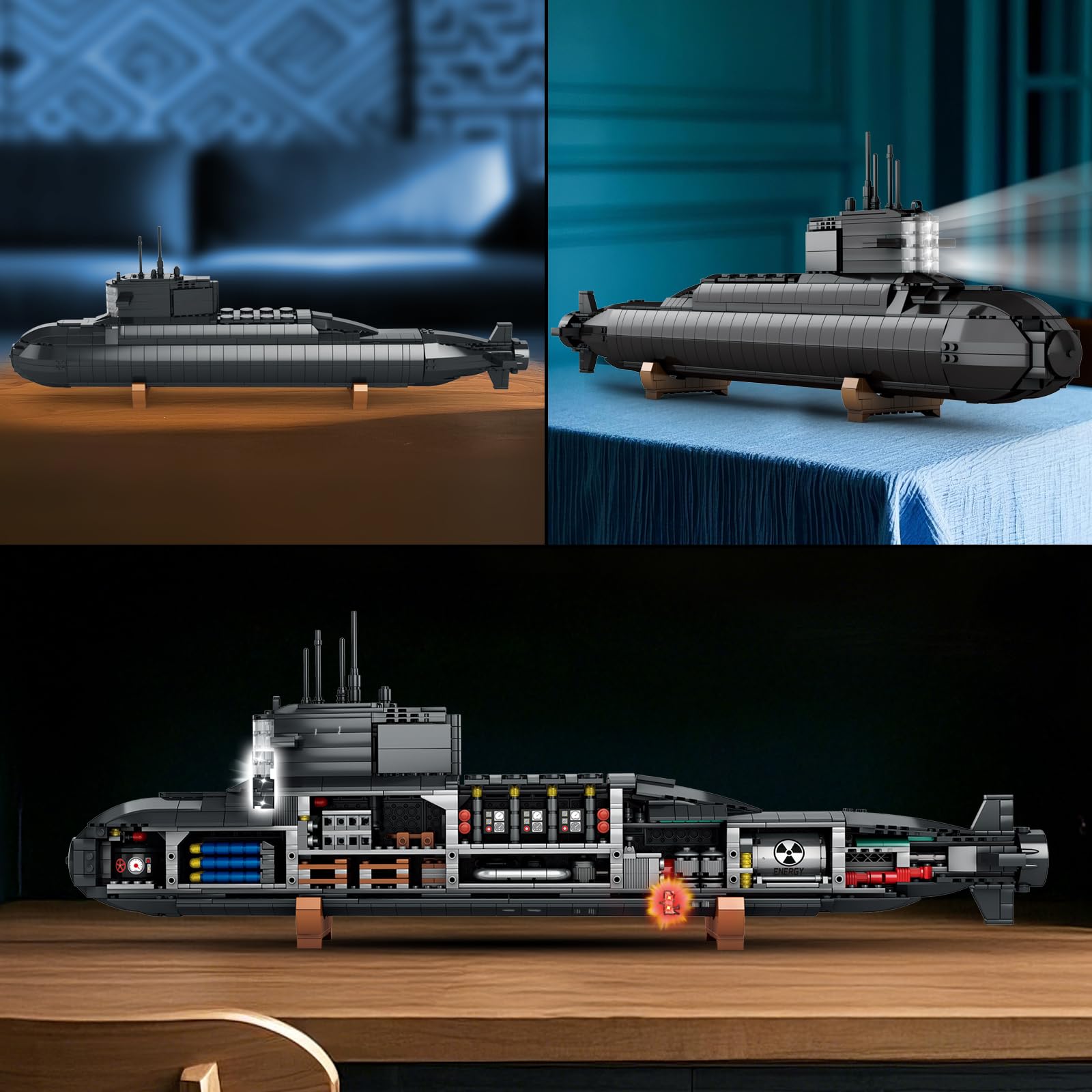 Reobrix Juegos de construcción de submarinos nucleares para adultos, kit de modelo submarino con luces 800, decoración técnica coleccionable para el hogar y oficina
