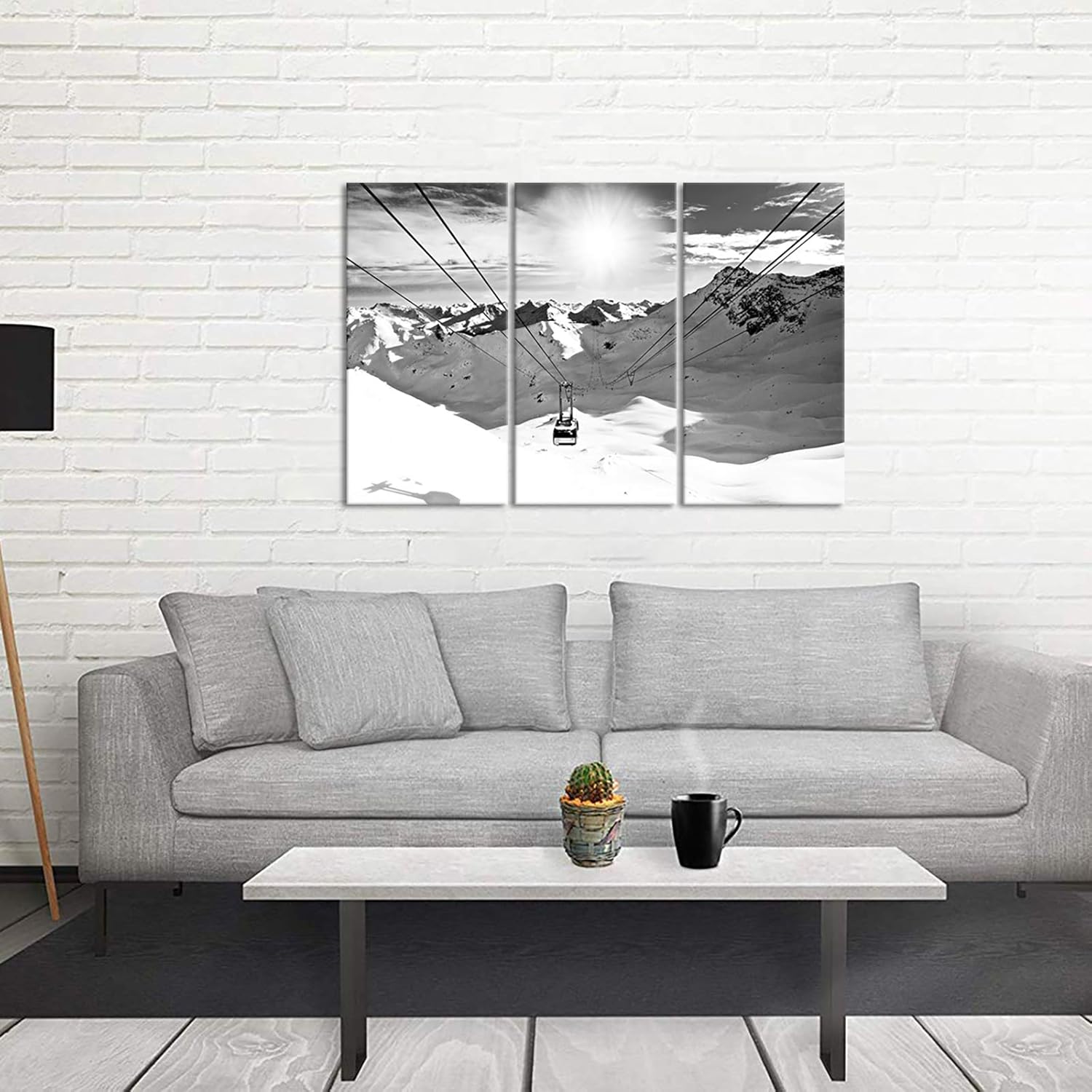Biuteawal 3 Piece Winter Wall Art Black and White Ski Lift at Sunshine Pictures Canvas Print Snow Mountain Landscape Painting Artwork for Home Living Room Decor Framed Ready to Hang