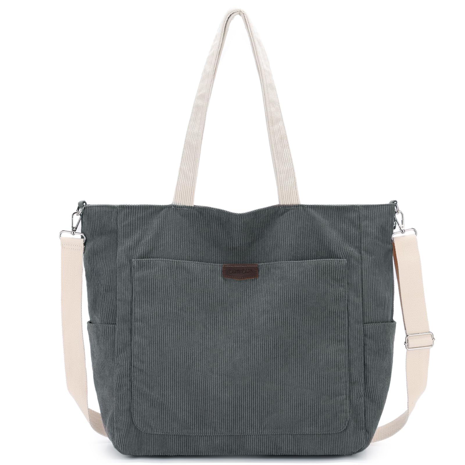Chase Chic Corduroy Tote Bag for Women, Large Lightweight Shoulder Hobo Work Tote with Zipper Pocket Crossbody Handbag for Girls,Gray