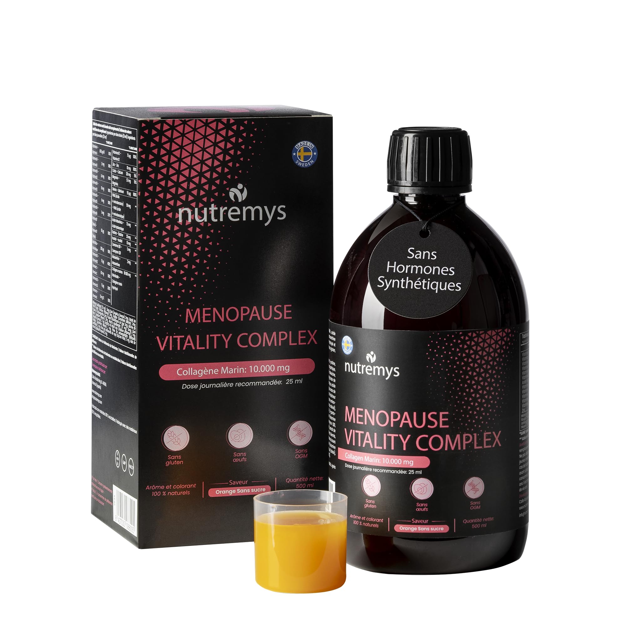 Collagène Marin Liquide 10 000 mg à Boire – Ménopause sans Hormones + Acide Hyaluronique & Vitamine C – Anti-Âge Peau, Cheveux, Ongles & Bouffées de Chaleur – Goût Orange Sans Sucre 500 ml