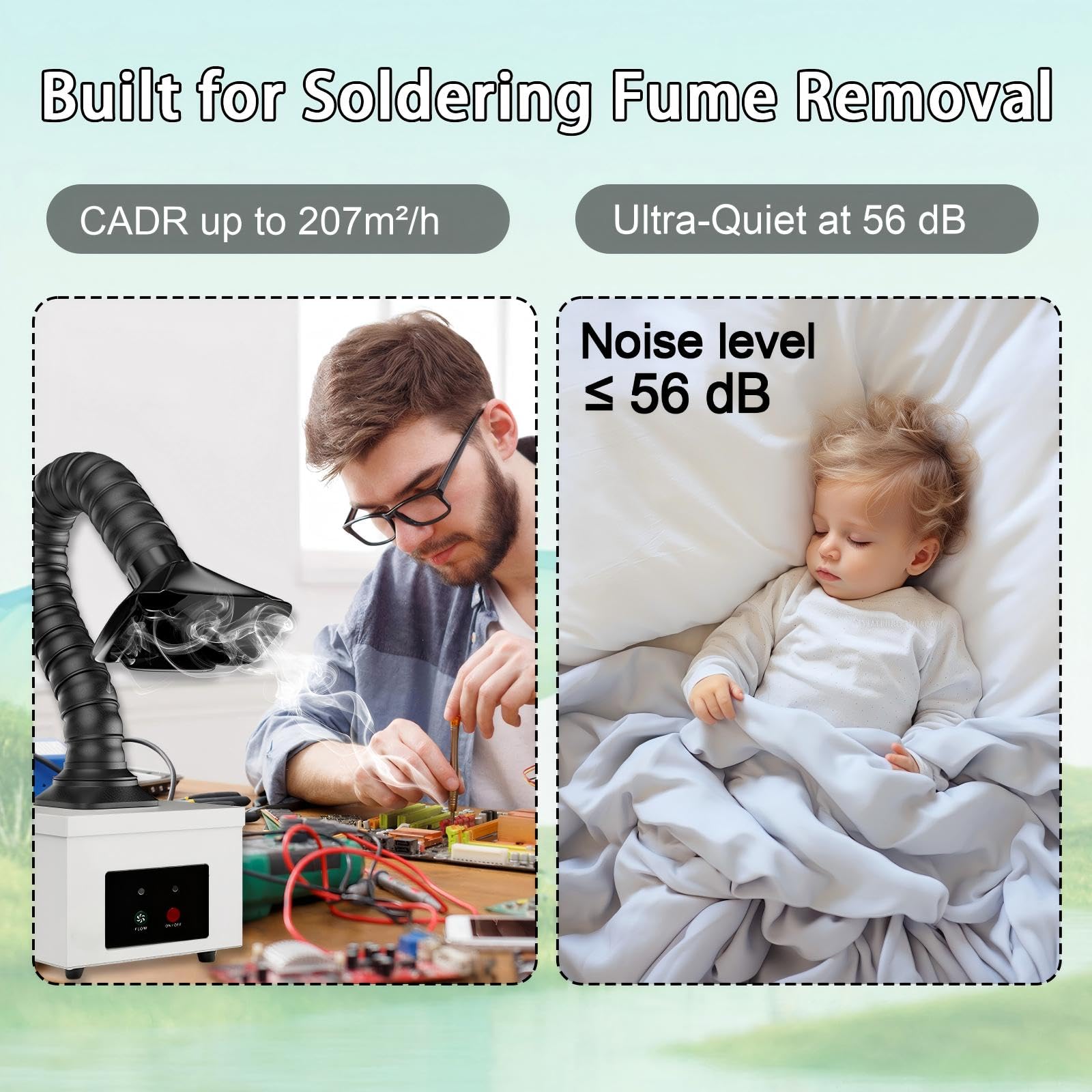 Aspirateur de fumée 45W avec filtre complexe 2-en-1, extracteur de fumée de bureau 207 m³/h, avec 4 pré-filtres, purificateur portable pour fumées de soudure, vapeurs laser et particules fines (Blanc)