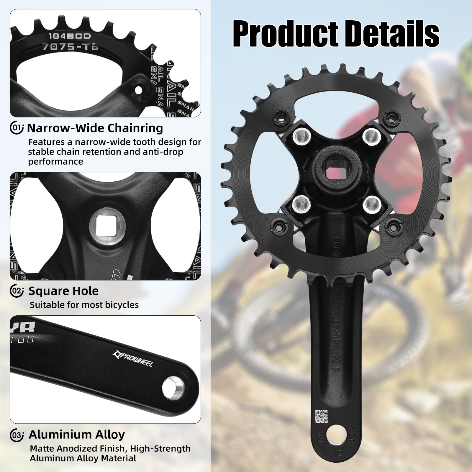 Juego de Bielas Cuadradas de 170 mm para Bicicleta de Montaña con Plato 104 BCD 32/34/36 / 38T, Manivela MTB de Aleación de Aluminio
