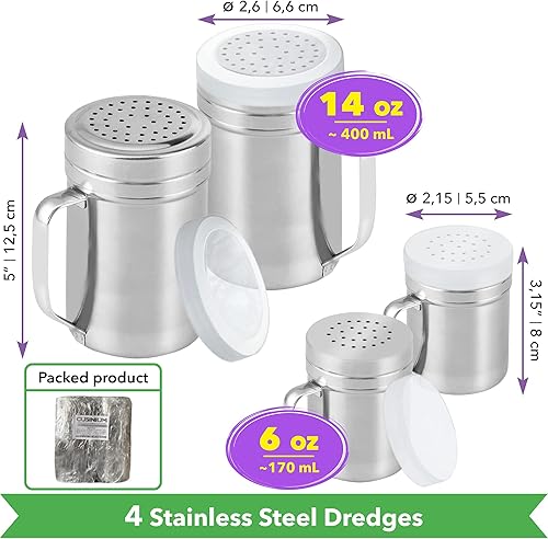 Miniatura 2 de [Paquete de 2] Coctelero de especias de condimentos de 14 onzas, paquete de 2 salero y pimentero de metal de 6 onzas, con agujeros medianos, asas y