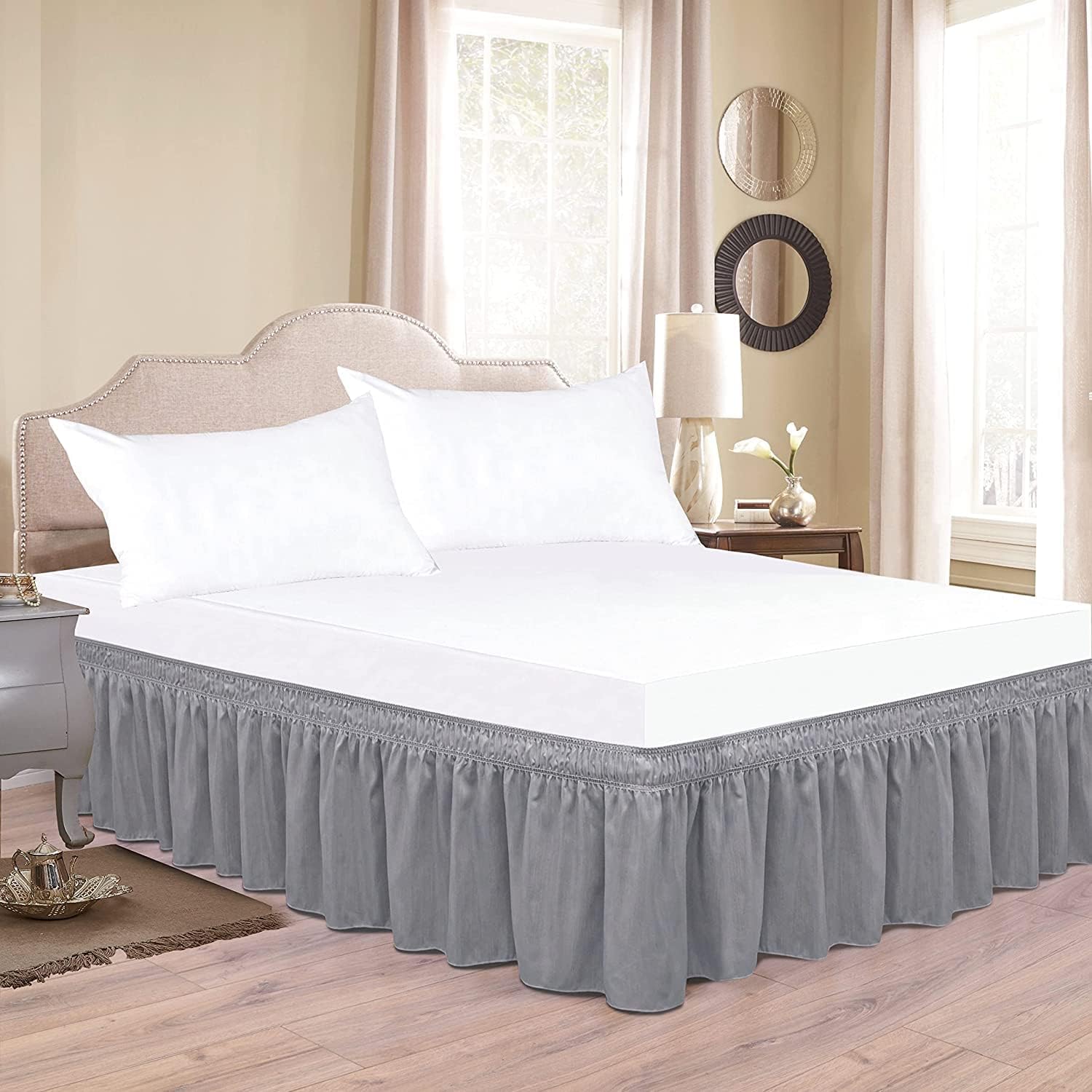 King-Beige Solid Wrap Around Bed Skirt for with Adjustable Elastic Belt, 100% Organic Cotton Dust Ruffles Soft and Silky Easy Fits Up to 24" Drop Length Bed Frame Cover 600 Thread Count