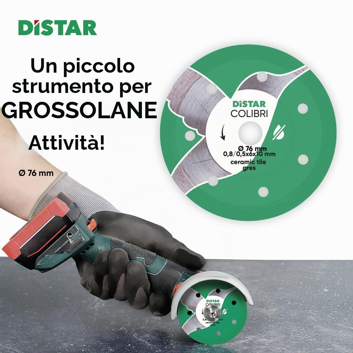 DiSTAR Colibri Disco diamantato Ø 76 mm x 10 mm – Ultra sottile 0,8 mm per gres porcellanato e ceramica – Disco da taglio professionale per smerigliatrice angolare a batteria & piccolo Flex – Taglio