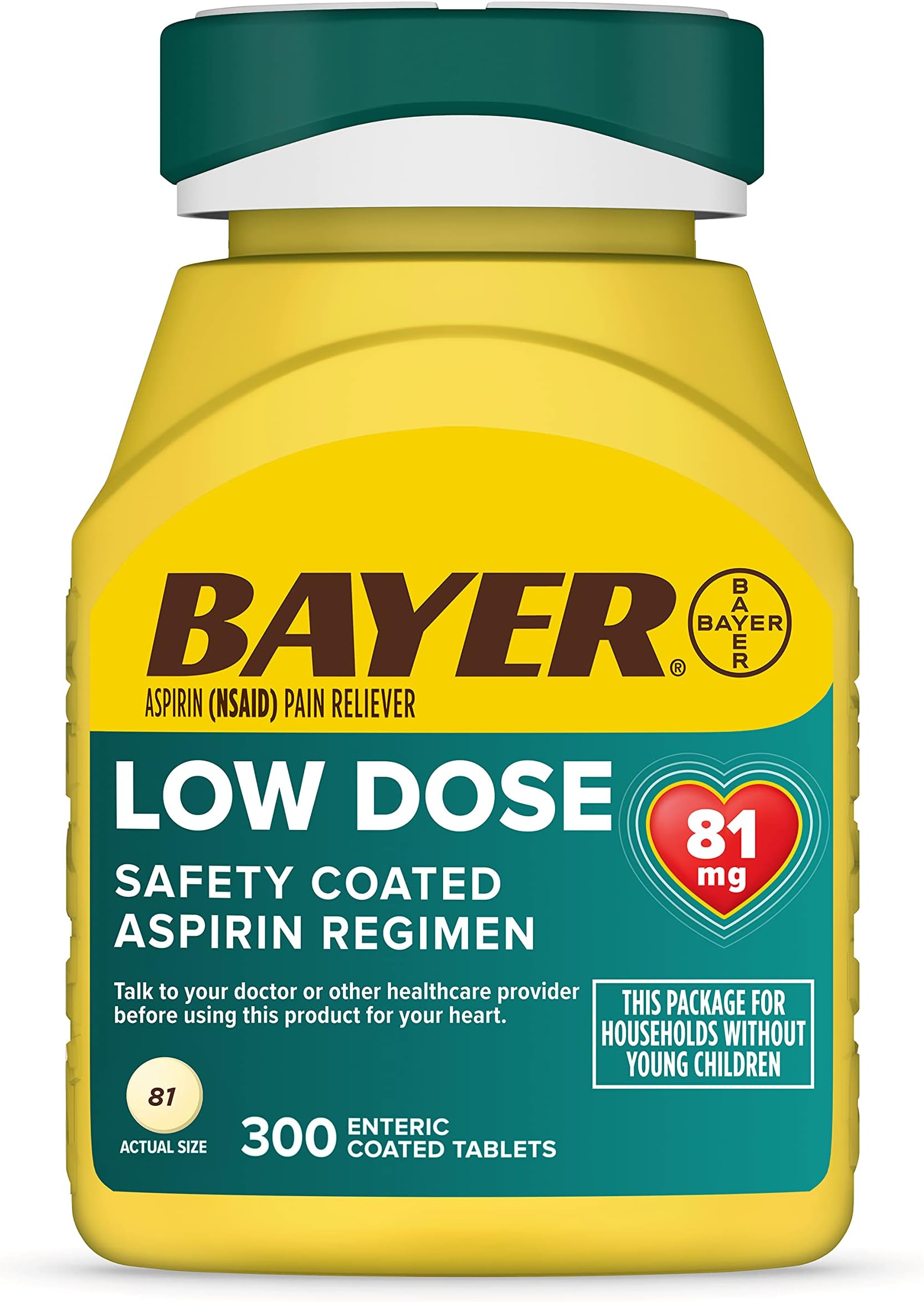 Bayer Aspirin Regimen 81mg Enteric Coated Tablets | Pain Reliever |300 Count