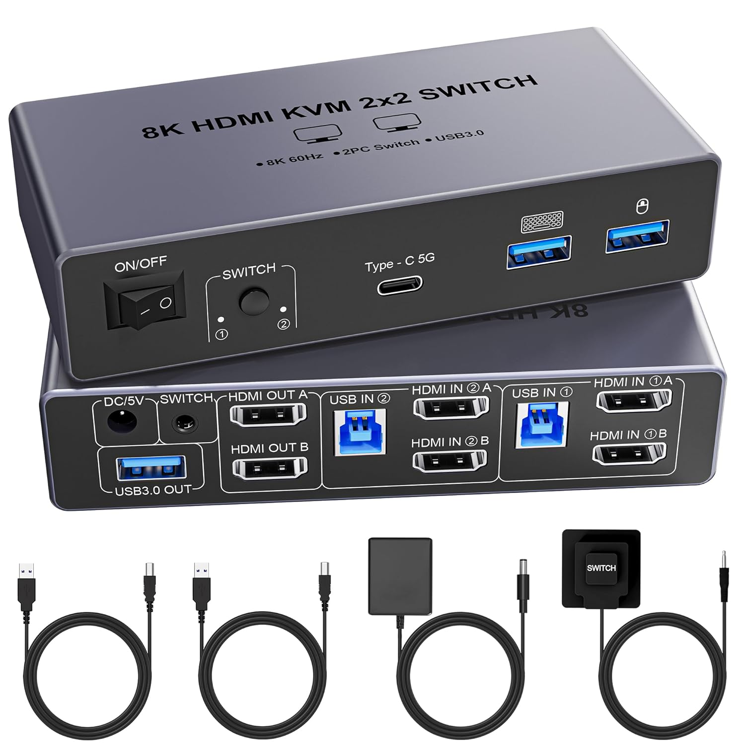 8K@60Hz HDMI KVM Switch 2 Monitors 2 Computers, with 4 USB 3.0 Ports (3 USB-A+1 USB-C) for 2 Computers Sharing 2 Monitors Keyboard Mouse Printer with 2 USB Cables, Power Adapter and Controller