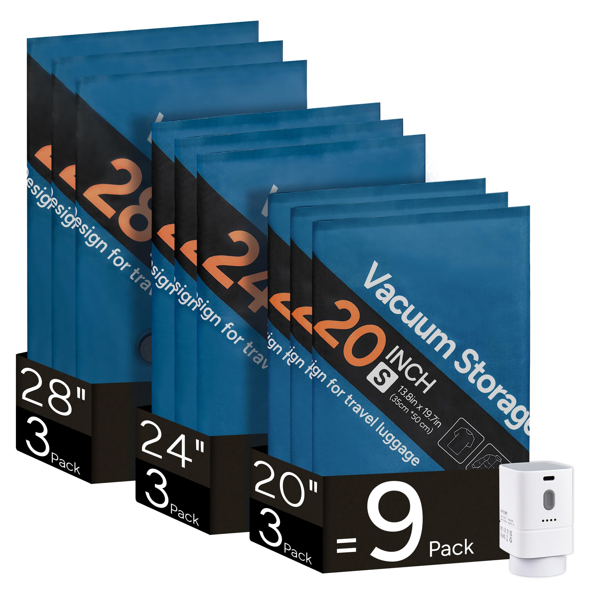 travel inspira 9x Vakuumbeutel für Kleidung mit Kabelloser Pumpe(3S+3M+3L) | Oxford 80% Platzsparend & Wiederverwendbar USB-C Aufladbare Pumpe 4500 Pa Vielseitig Doppelreißverschluss Für Koffer 20"-34"