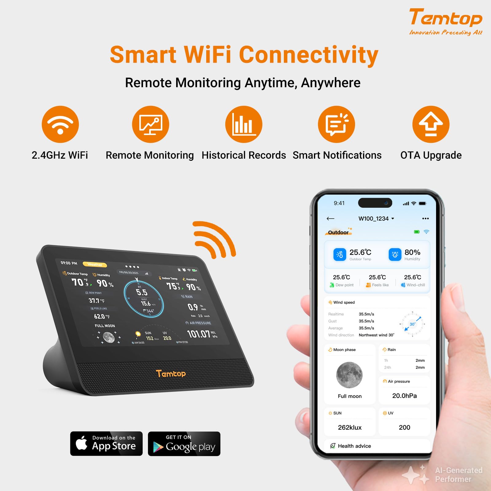Temtop Stazione Meteo WiFi Interno/Esterno 7" Touchscreen W100, Monitor Qualità dell'Aria PM2,5 PM10 CO2 TVOC, Pluviometro, Velocità e Direzione del Vento, UV, Previsioni AQI