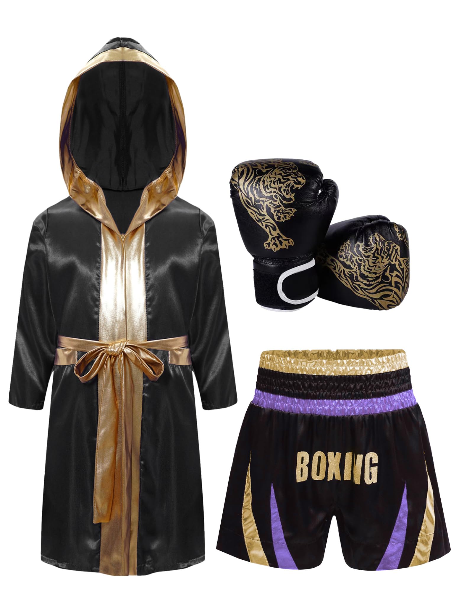 inlzdz Costume da Pugile Ragazzi Ragazze Accappatoio Boxe + Pantaloncini Muay Thai MMA Kickboxing Abbigliamento Training Cage Fighting Grappling Arti Marziali