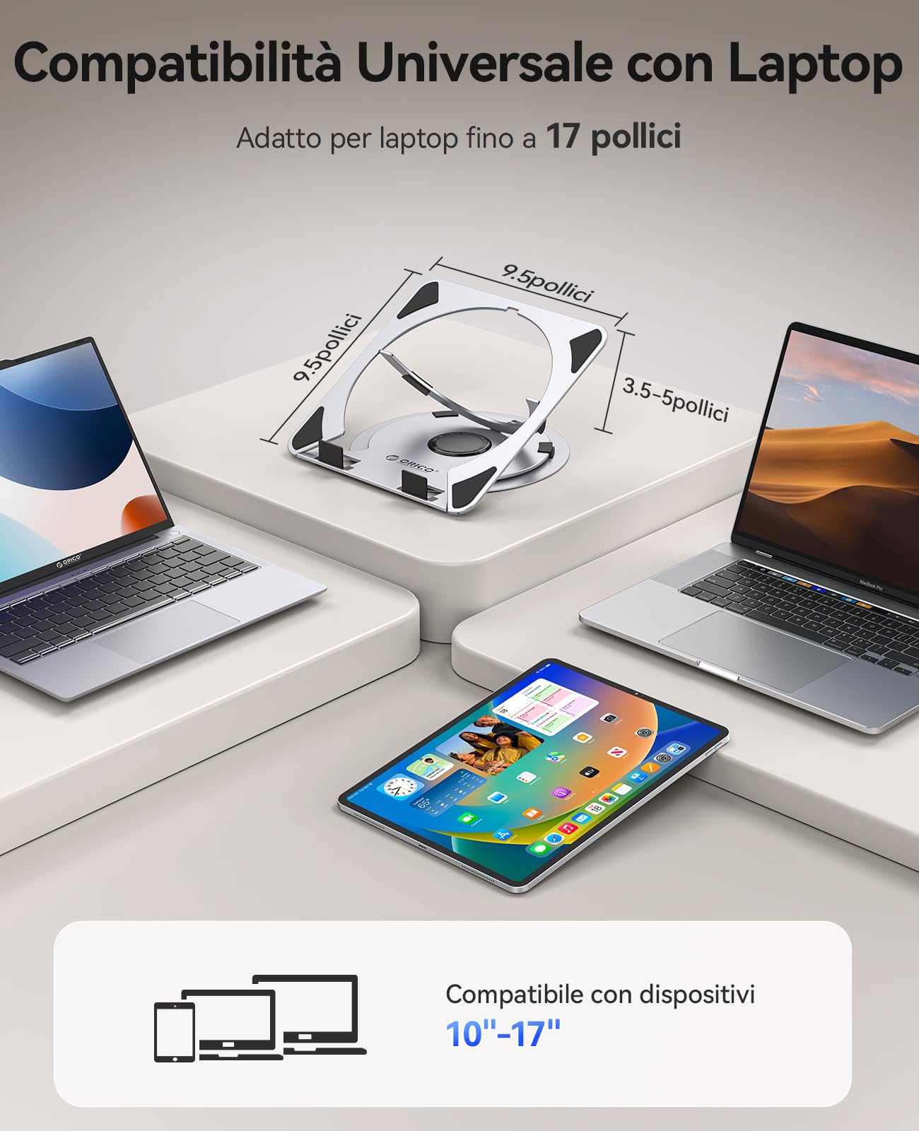 ORICO Supporto PC Portatile Regolabile, Laptop Stand Ventilato con Base Girevole a 360°, Supporto Laptop Ergonomico Pieghevole per Scrivania, Compatibile con Notebook da 10-17" - NS1, Argento