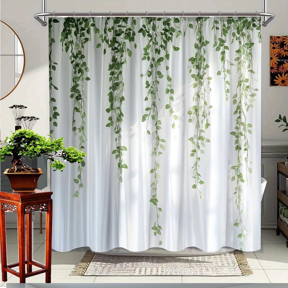Cortina de Ducha con Estampado de Hojas Verdes para decoración de baño,Elegante Cortina de Ducha Extra Larga de Tela de poliéster,Incluye 12 ganchos180 x 220 cm/71 x 87 Pulgadas [Ancho x Alto]