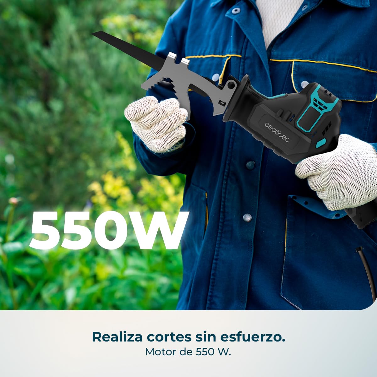 Cecotec Sierra de Sable LongFlex 1200 Home&Garden. 550W, Incluye 2 Baterías de 12V, Cortes de hasta 65mm con Recorrido de 20mm, Accesorio para Cortar Ramas, Incluye 6 Cuchillas y Maletín