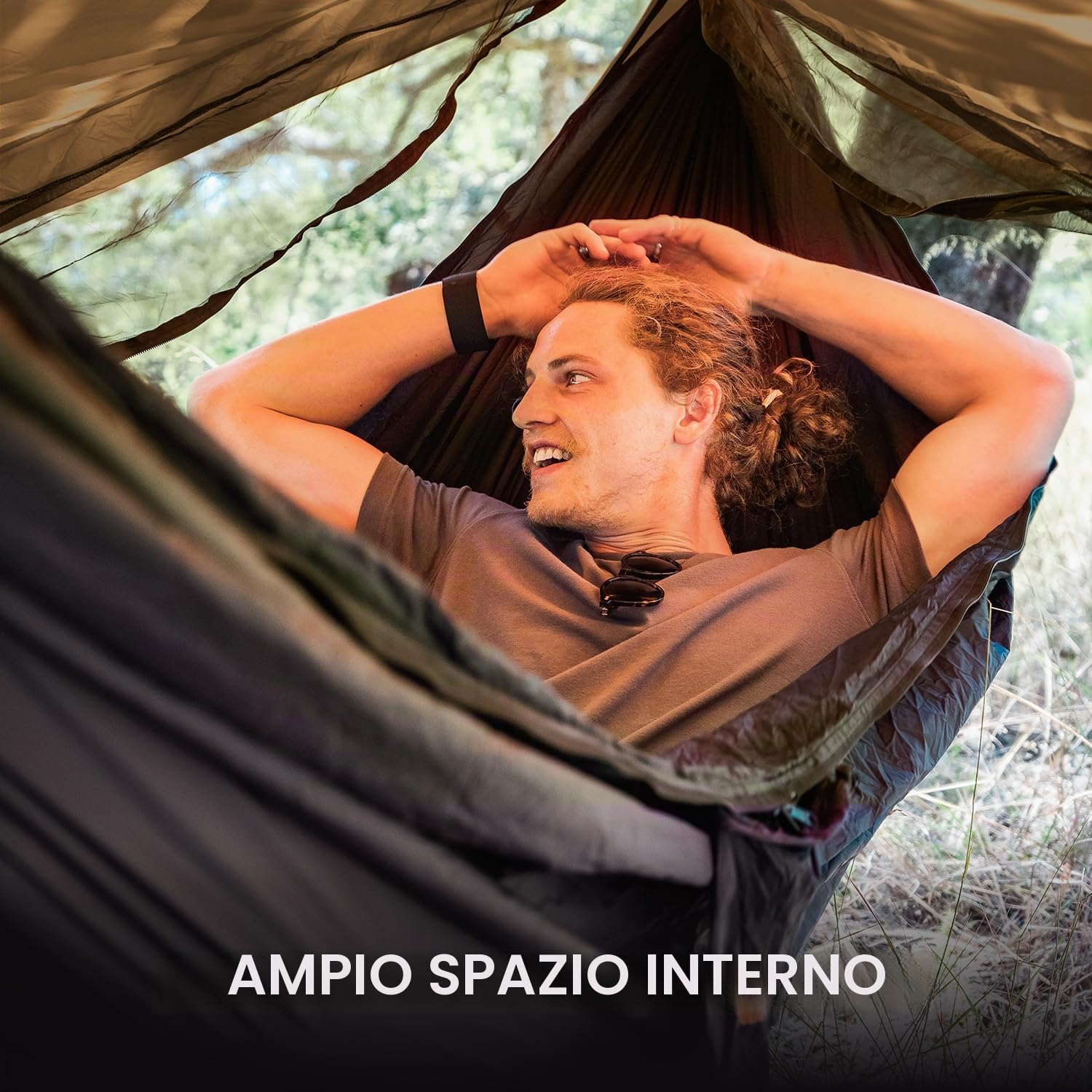 Skynest Amaca 11Ft con Rete e Telo Antipioggia, Hammock Tenda da Campeggio 4 In 1, Amache Portatile Ultraleggera a Doppio Strato con Corda di Colmo per Campeggio e Attività All'aperto