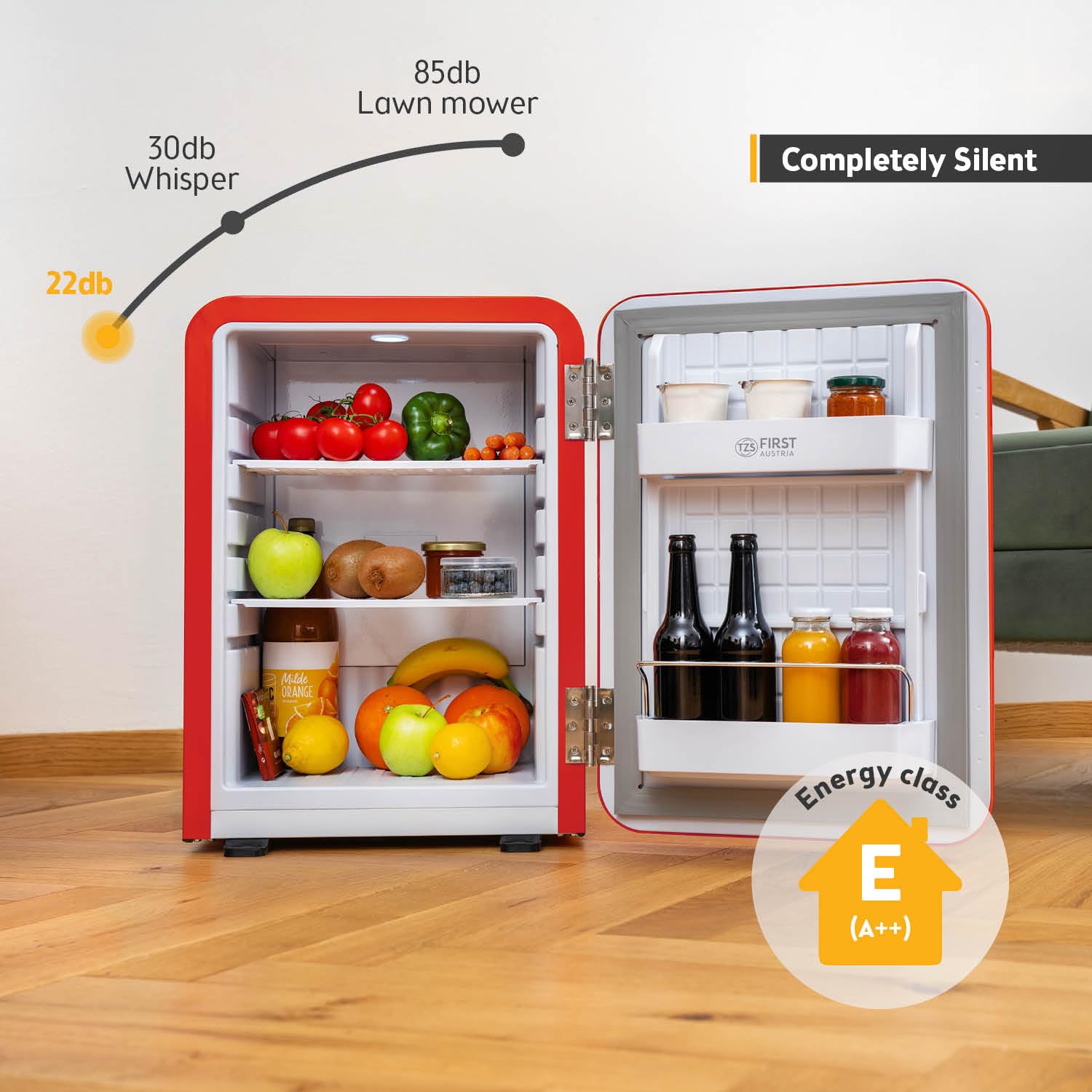 TZS First Austria - Retro Mini Fridge 40L Silent - Small mini fridge in vintage design with interior lighting & 2 door compartments - Minibar for camping, office, bedroom & hotel - red — view 3
