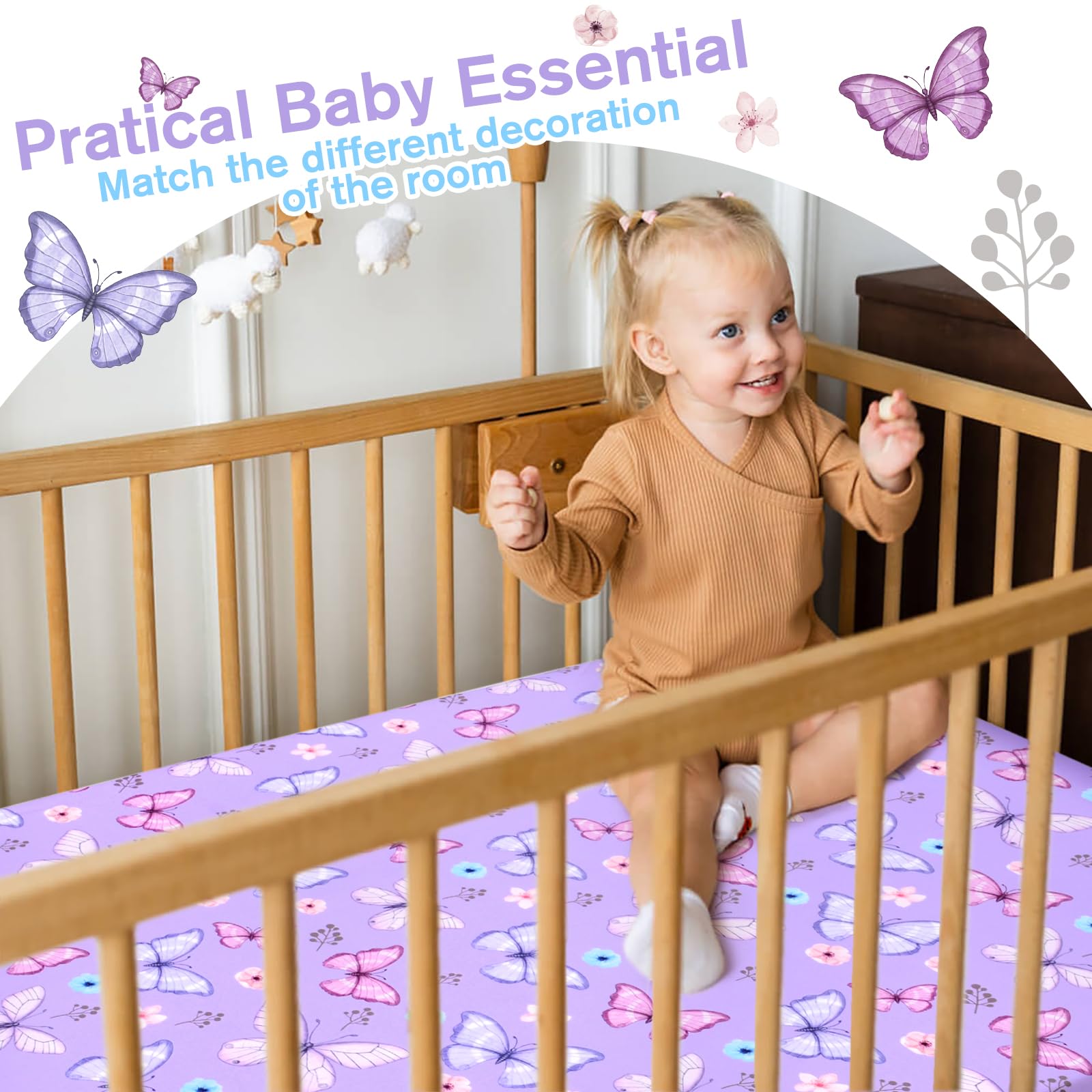 JISEN Baby Crib Sheets - Soft Breathable Butterfly Fitted Sheets for Baby Bed - Boys and Girls 60x120cm to 70x132cm Purple - Image 4