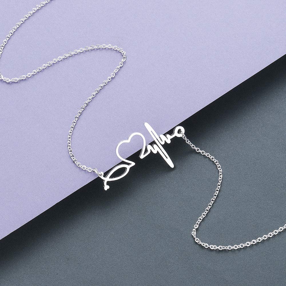Stainless Steel Stethoscope ECG Heartbeat Choker Necklace for Women Love Heart Hypoallergenic Necklaces Pendants Medical Nurse Doctor Gifts (Silver)