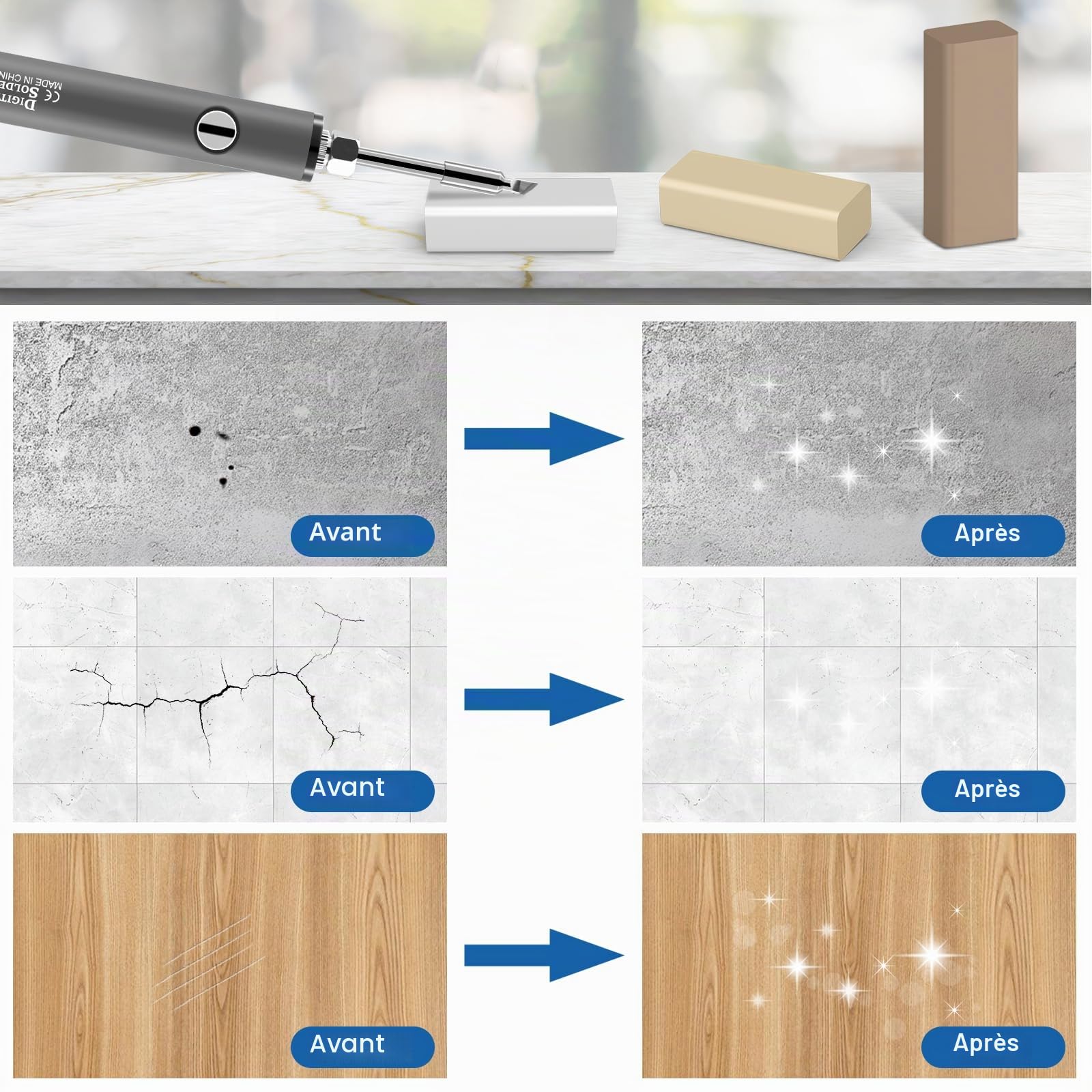 Kit de réparation de carrelage en céramique avec cire améliorée - Marqueur de retouche à double pointe - Pour faïence, carrelage, marbre, également pour bois, meubles, stratifiés, sols en vinyle