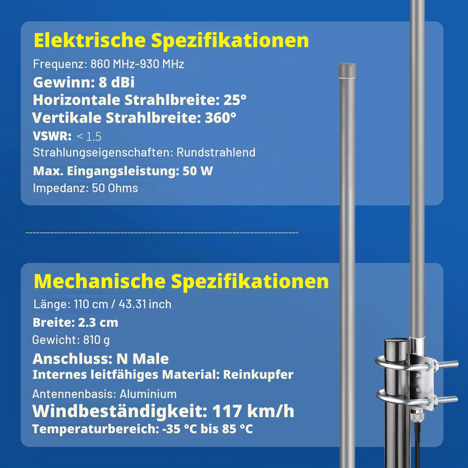 Bingfu 868 MHz LoRa Fiberglas Antenne 8 dBi N-Male Outdoor Set