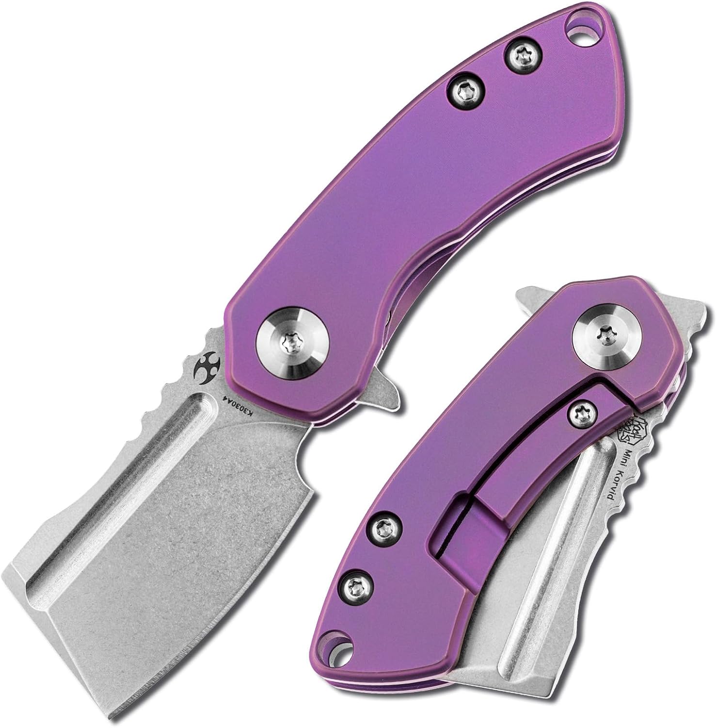 KANSEPT Mini Korvid Cleaver Mini Pocket Knife for Men 1.45'' Stonewashed CPM-S35VN Blade,Purple Anodized Titanium Handle With Dimples,EDC Folding Knife K3030A4