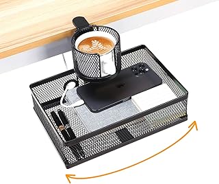 DramLan Desk Organiser with Cup Holder, 360°Rotating Hidden Under Desk Drawer,Clamp-on Style Desk Tidy Organiser, Large Capacity Under Desk Storage For Home And Office (Black)