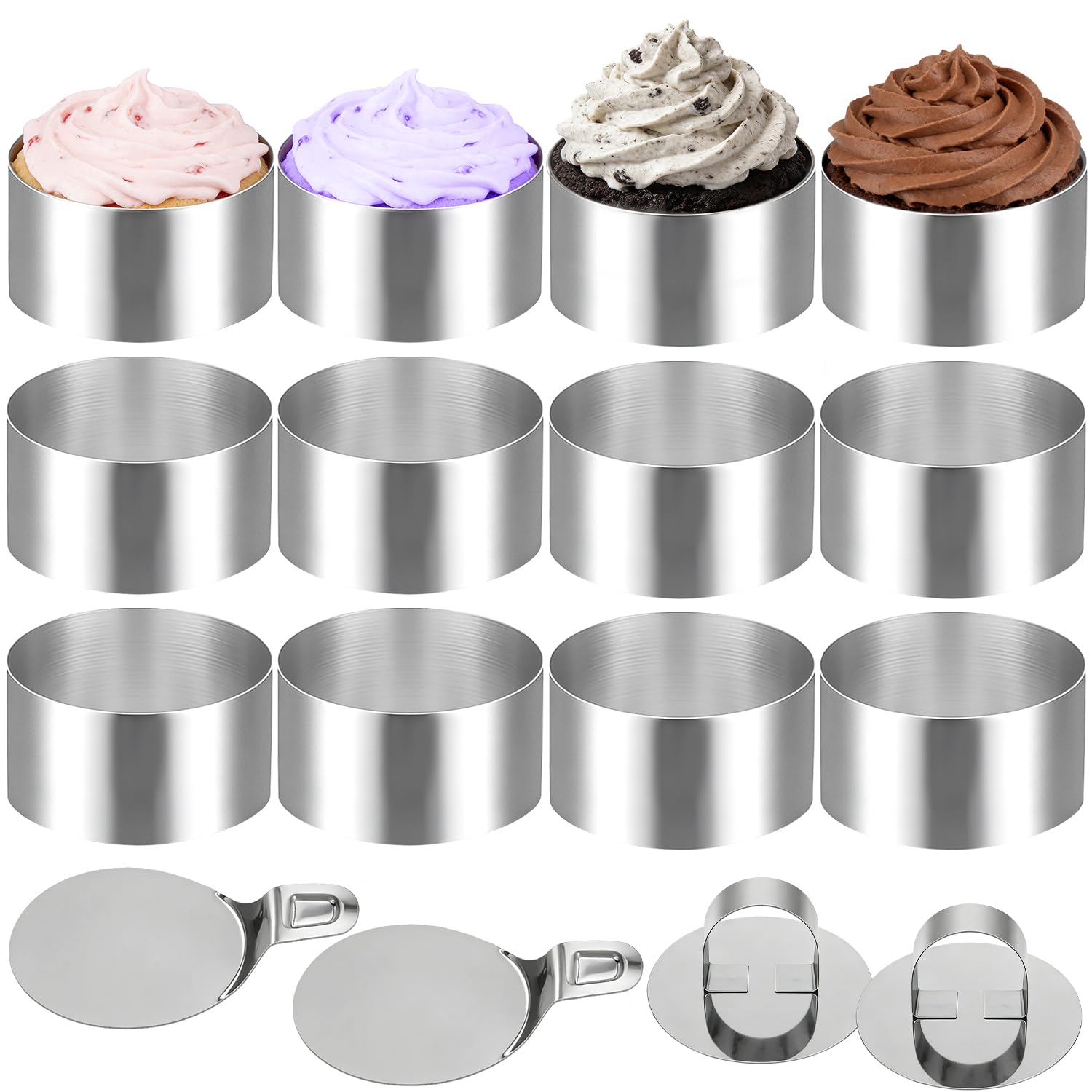 RIVIEVAL Set of 16 Stainless Steel Dessert Rings, 8 cm Round Mousse Cake Rings with Lids and Bases, Reusable Serving Rings for Baking Cakes, Biscuits, Donuts, and Desserts
