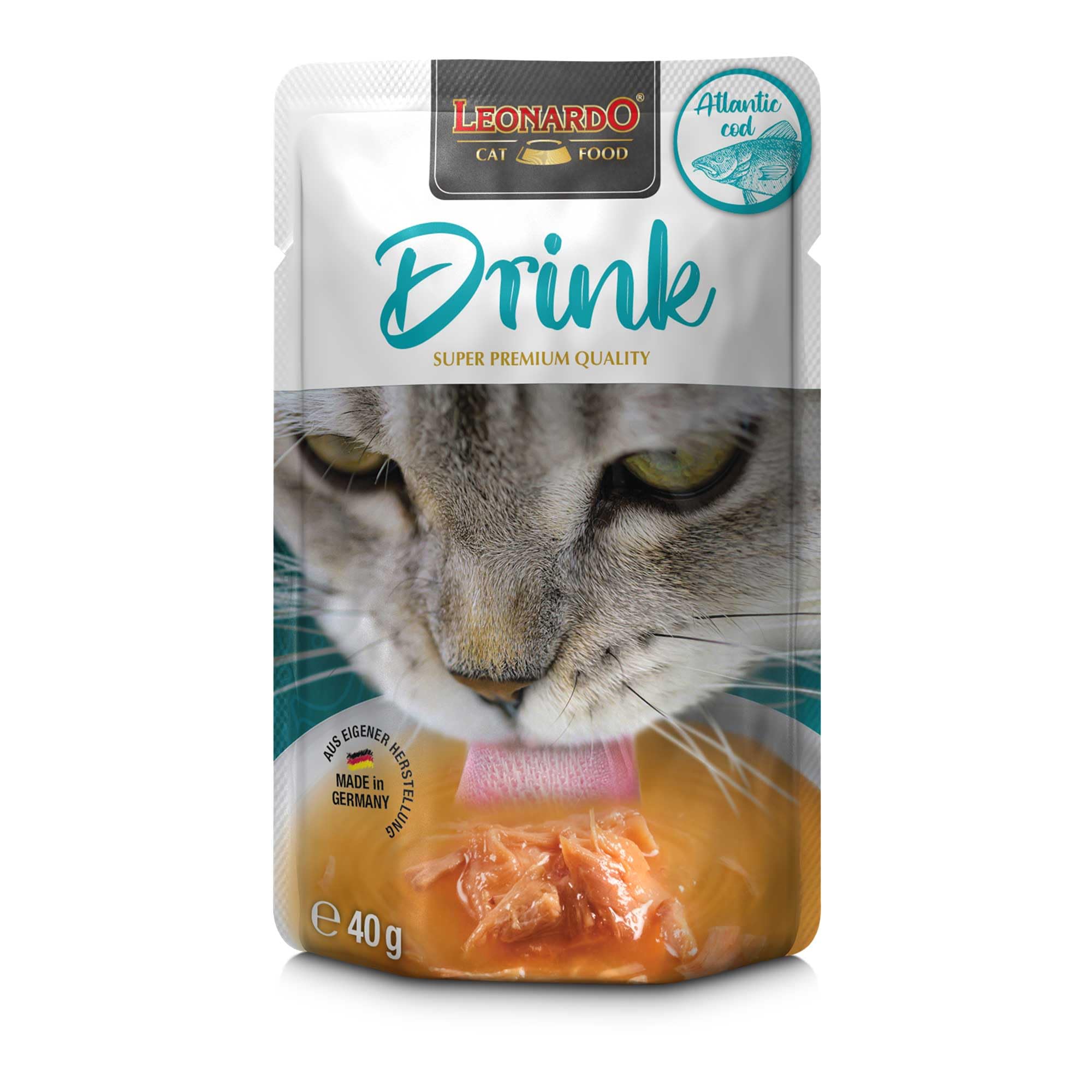 Leonardo Drink Merluzzo Atlantico | Confezione Doppia | 2 x 20 x 40 g | Alimento Complementare per Gatti Adulti | Supporto per l'Assunzione di Liquidi | Ideale come Topping per Cibo