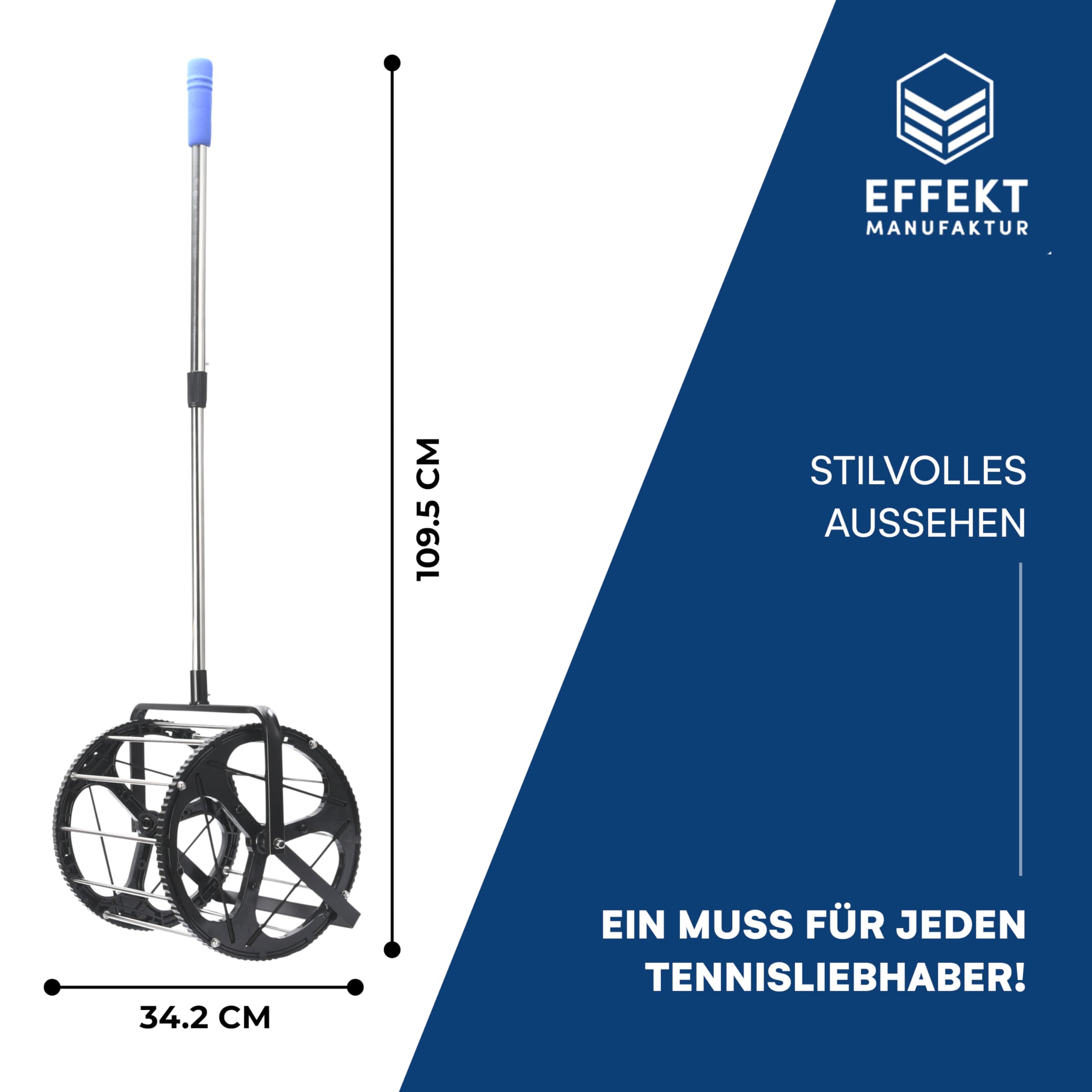 Effekt Manufaktur Rouleau de balle de tennis - Capacité de 50 balles - Barre télescopique réglable en métal - Convient pour toutes les surfaces - Noir avec poignée bleue - 34,2 x 109,5 cm