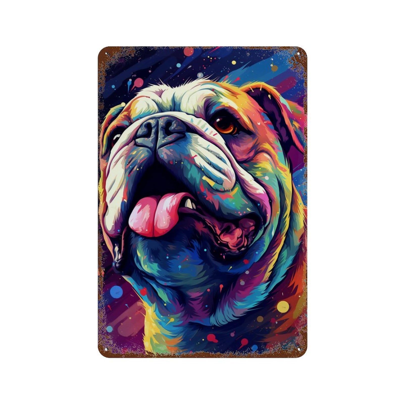 Colorful Bulldog Art Print-5 Rustic Tin Plaque 11.8"x7.9", Novelty Wall Decor for Garage, Pub Or Kitchen