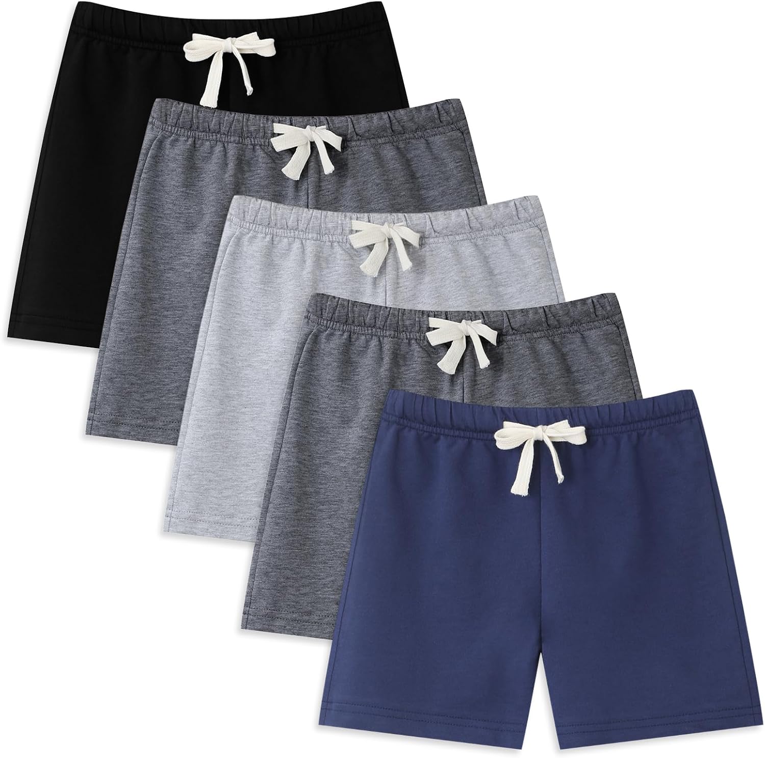 5 Pack Boys/Toddler/Kids Shorts French Terry Cotton with Drawstring Elastic Waist Summer Athletic Casual Boy Short