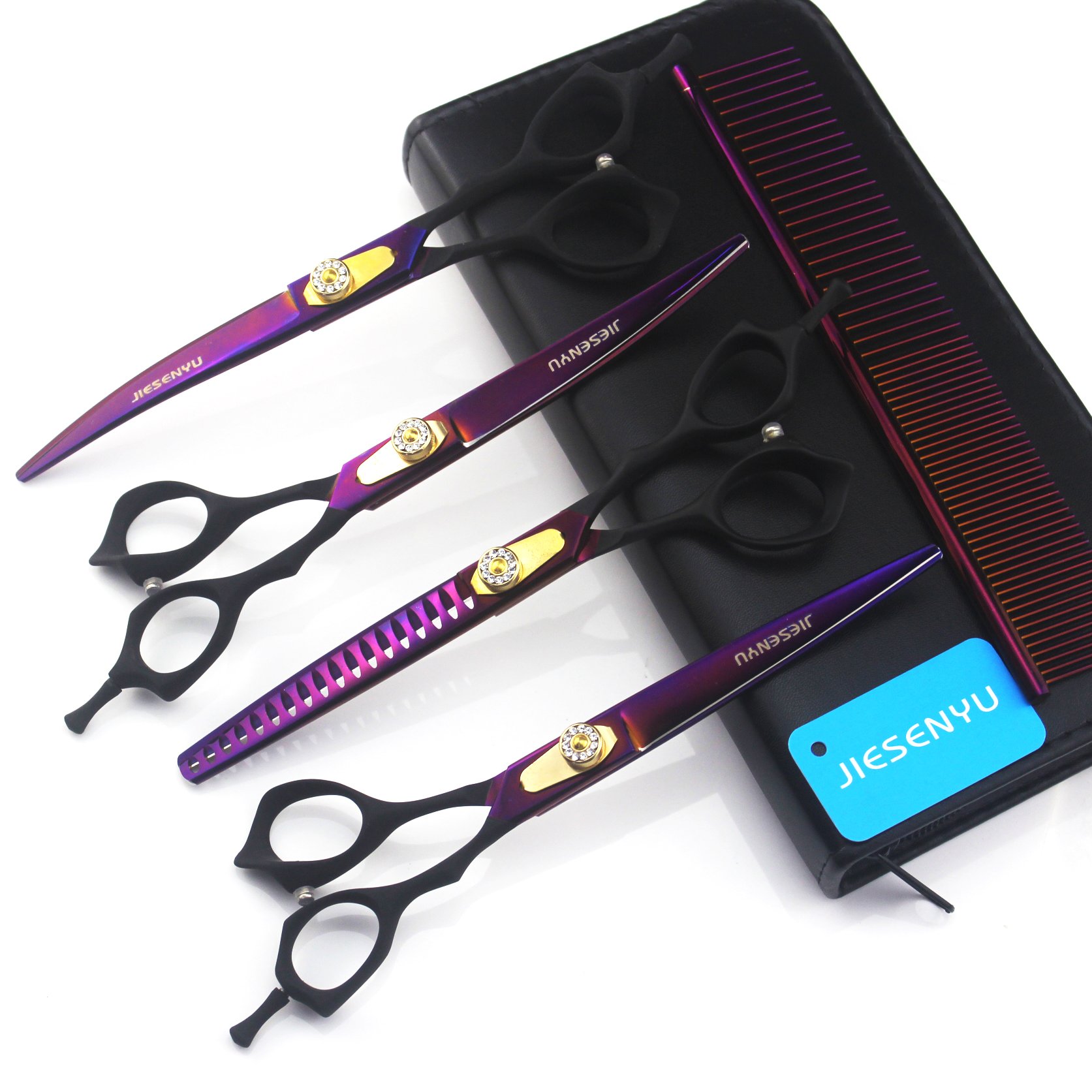 JIESENYU Pro Pet Lot de 4 ciseaux de toilettage à bords tranchants + 2 ciseaux à effiler Violet 17,8 cm