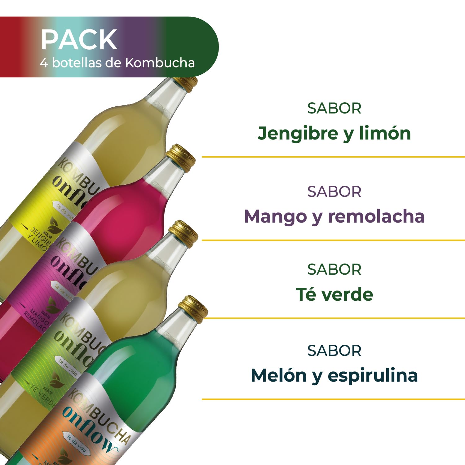 Kombucha Natural Onflow Sin Azúcar Pack 4 Botellas 1L Sabores Jenjibre-Limón Té Verde Mango-Remolacha Melón-Espirulina