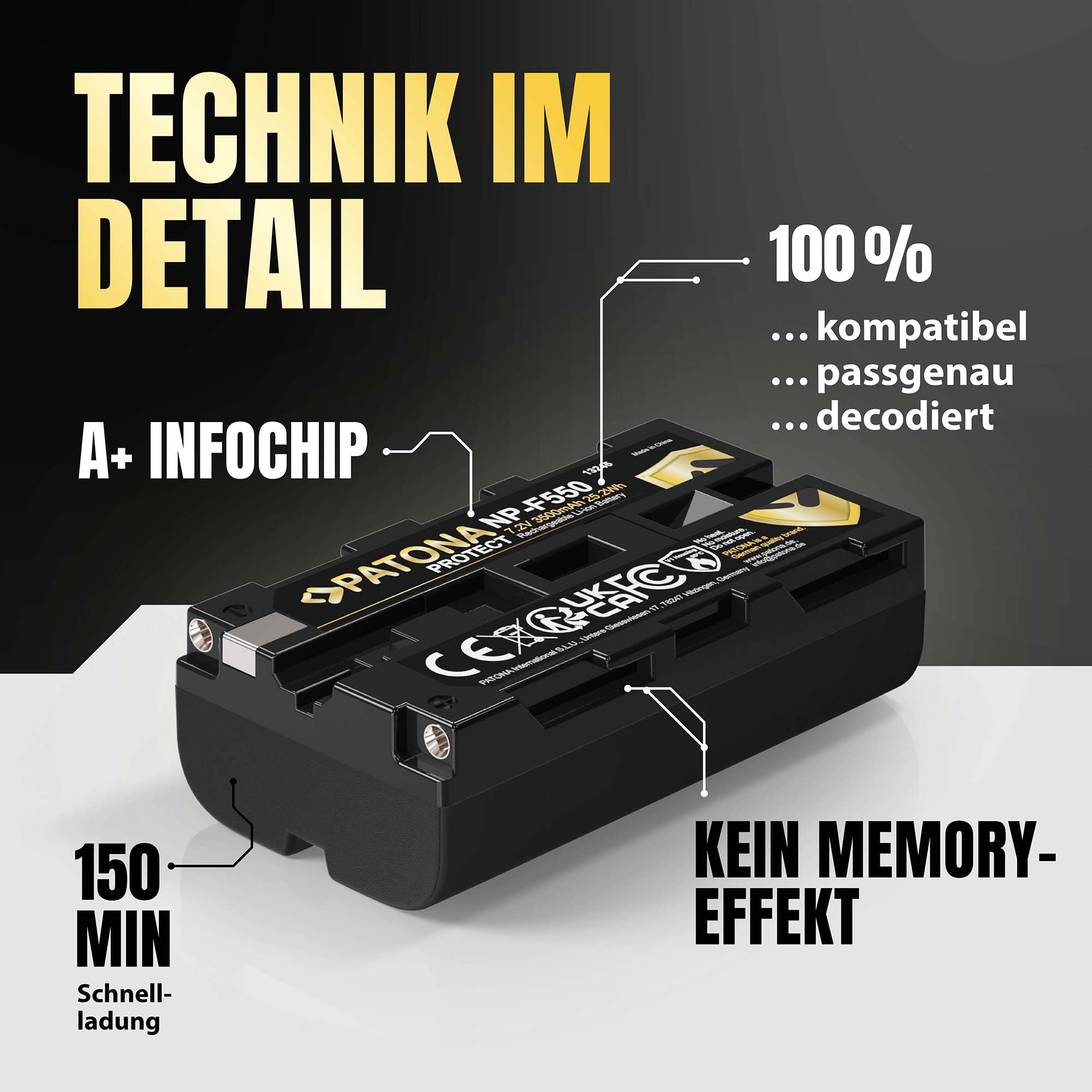 PATONA 2X Protect NP-F550 Akku 3500mAh – Ersatz für Sony NP-F550 – für Sony Camcorder, LED-Videoleuchten und Kamera-Monitore (Neewer, Yongnuo, Aputure) mit NP-F-Schacht – Einer läuft, Einer lädt