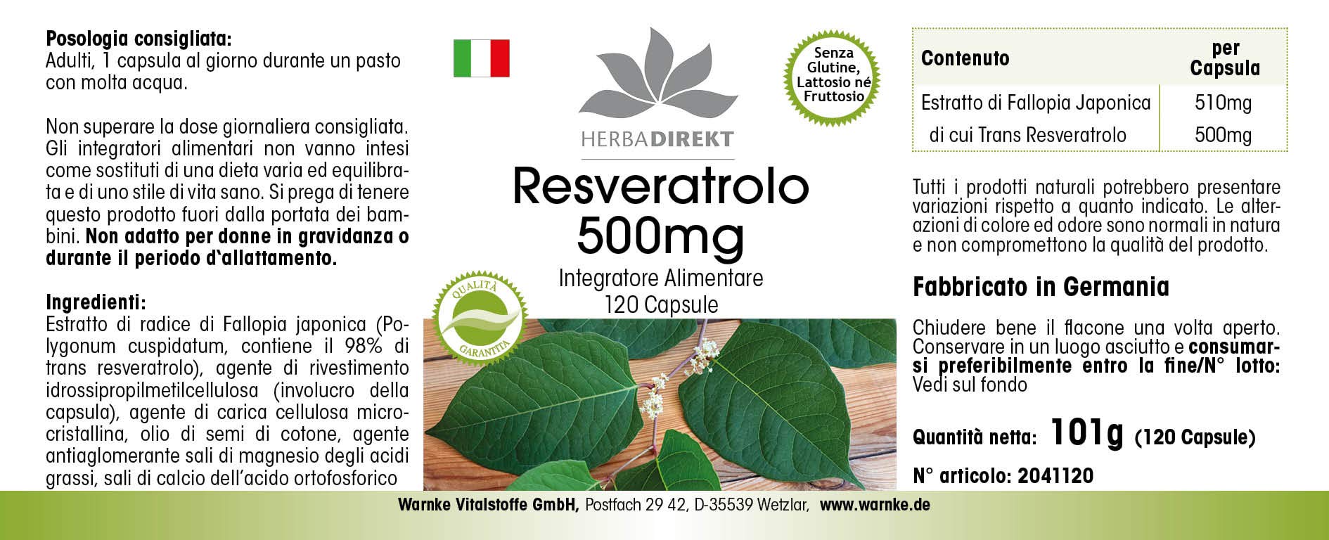 Resveratrolo 500mg - altamente dosato - vegan - 120 capsule - | HERBADIREKT by Warnke Vitalstoffe - Qualità da farmacia tedesca