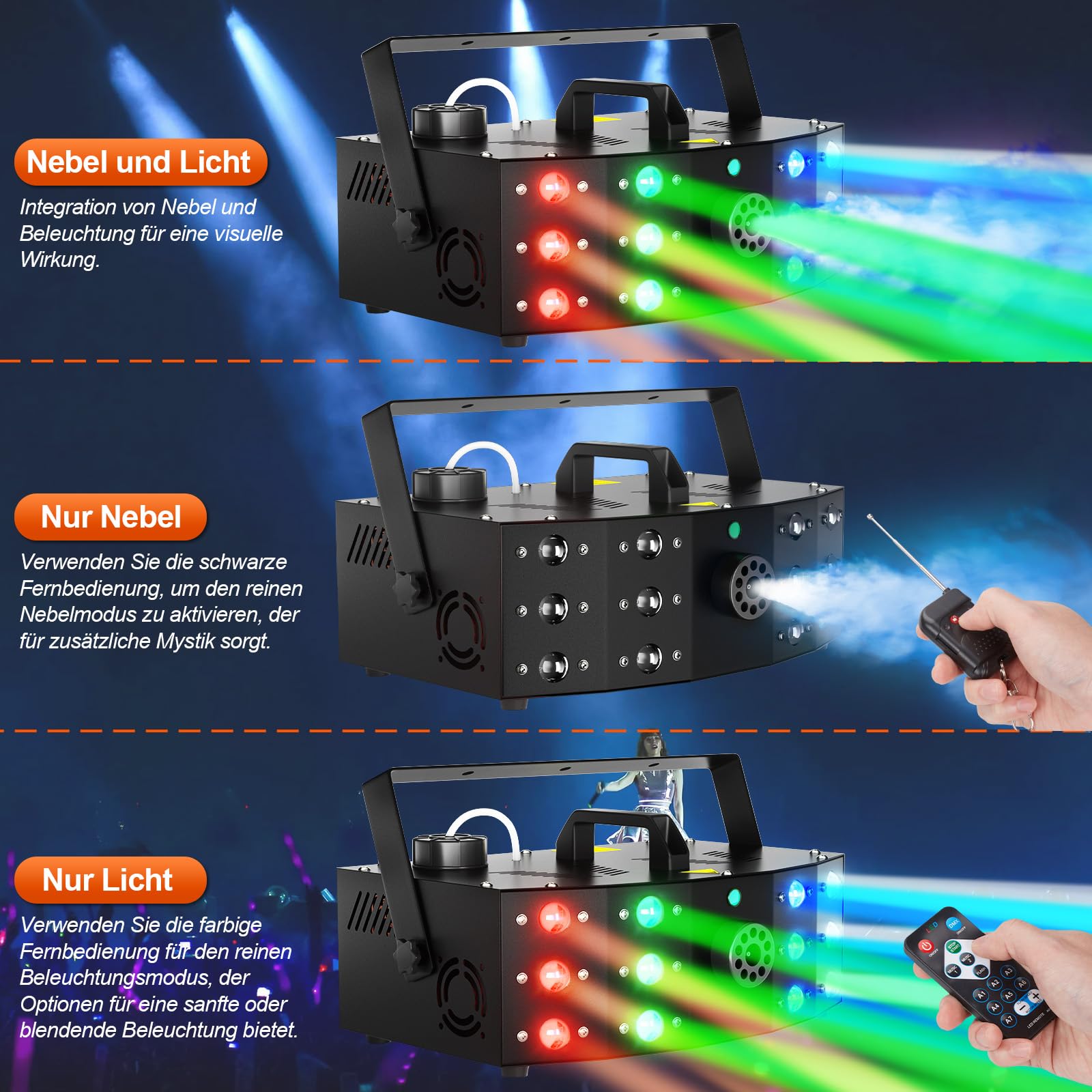 Hakuta Nebelmaschine, DMX Lichtstrahlen Rauchmaschine mit 12 LED bunten Lichtsteuerung & manuelle Steuerung & Fernbedienung Perfekt für Indoor Outdoor Hochzeit, Halloween, Party und Bühneneffekt