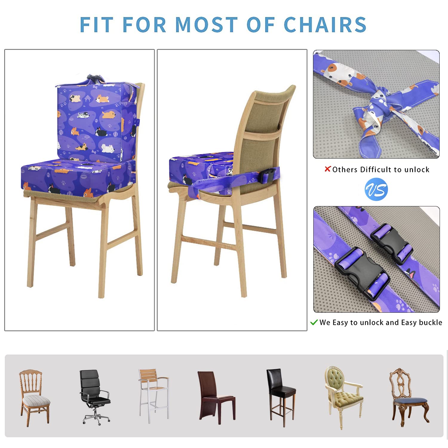 Toddler Booster Seat for Dining Table,4 Inches Washable Double Safer Straps Non-Slip Bottom Booster Seat Dining for kids, Portable Travel High Density Sponge Detachable Increasing Cushion for Child.