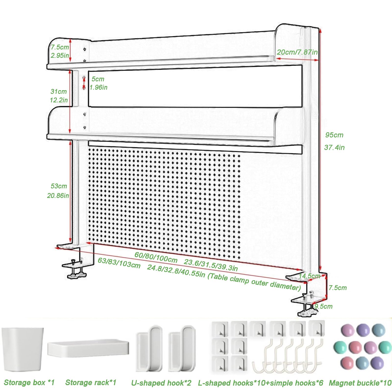 Klemmbare Schreibtisch Organizer zum Anstecken, 3 Ebenen Büro Computer Schreibtisch Zubehör Organizer, Clamp Regal Pegboard, Klemmregal mit 30 Zubehörteilen (White, 80cm)