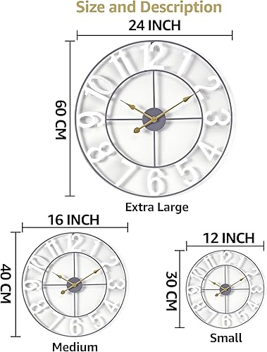 Miniatura 7 de Sorbus Reloj de pared grande de 16 pulgadas, reloj decorativo de metal blanco con manecillas doradas, silencioso, funciona con pilas, decoración de