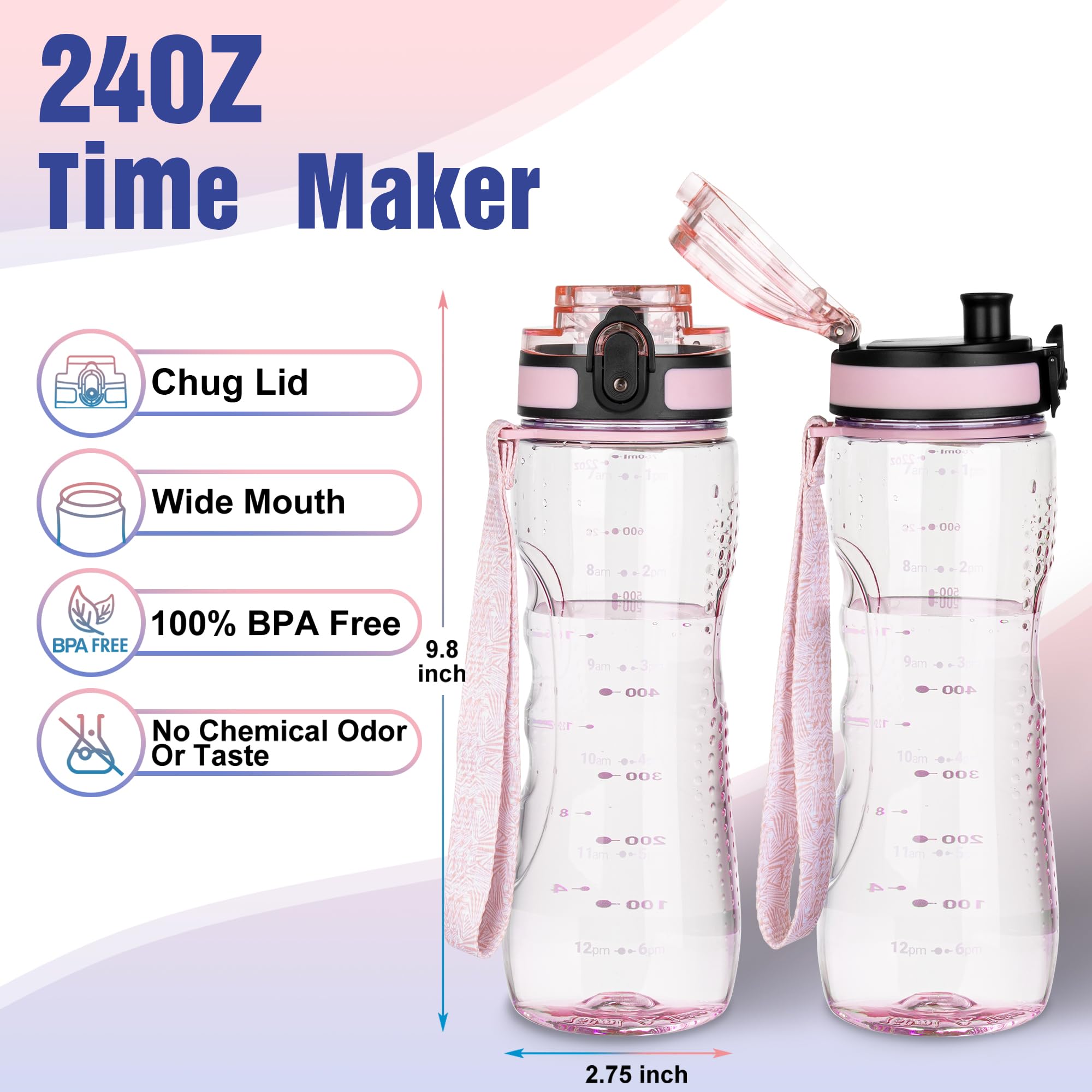 AIDEAMART 24 Oz Motivational Water Bottle With Time Marker - Tritan BPA Free, Leak Proof Straw Lid, Pink/Blue
